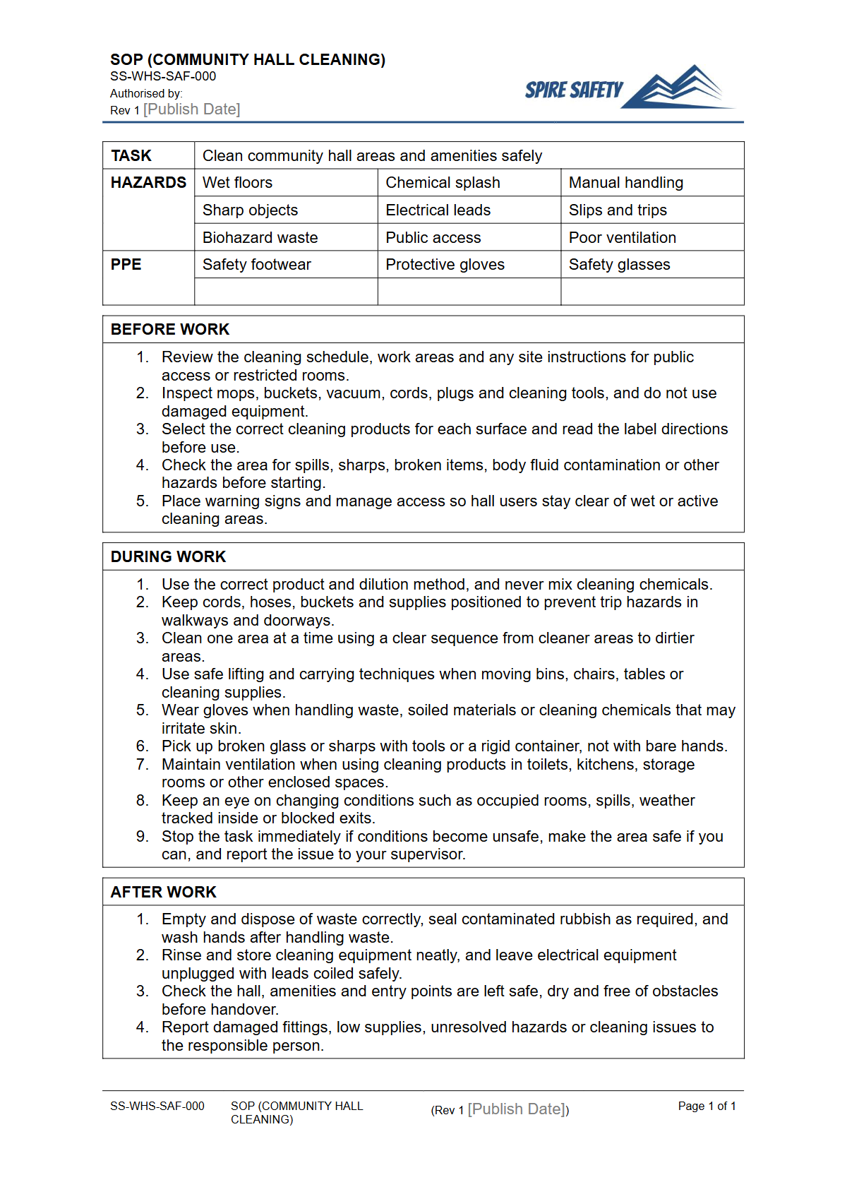 Free Safe Operating Procedure (Community Hall Cleaning) Template — document preview