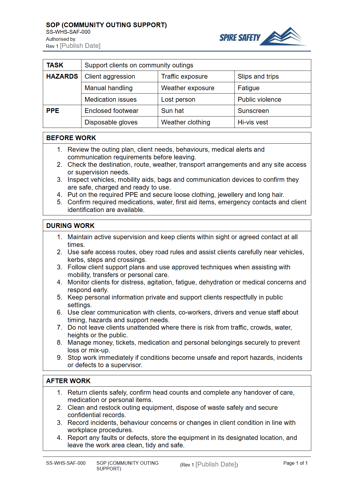 Free Safe Operating Procedure (Community Outing Support) Template — document preview