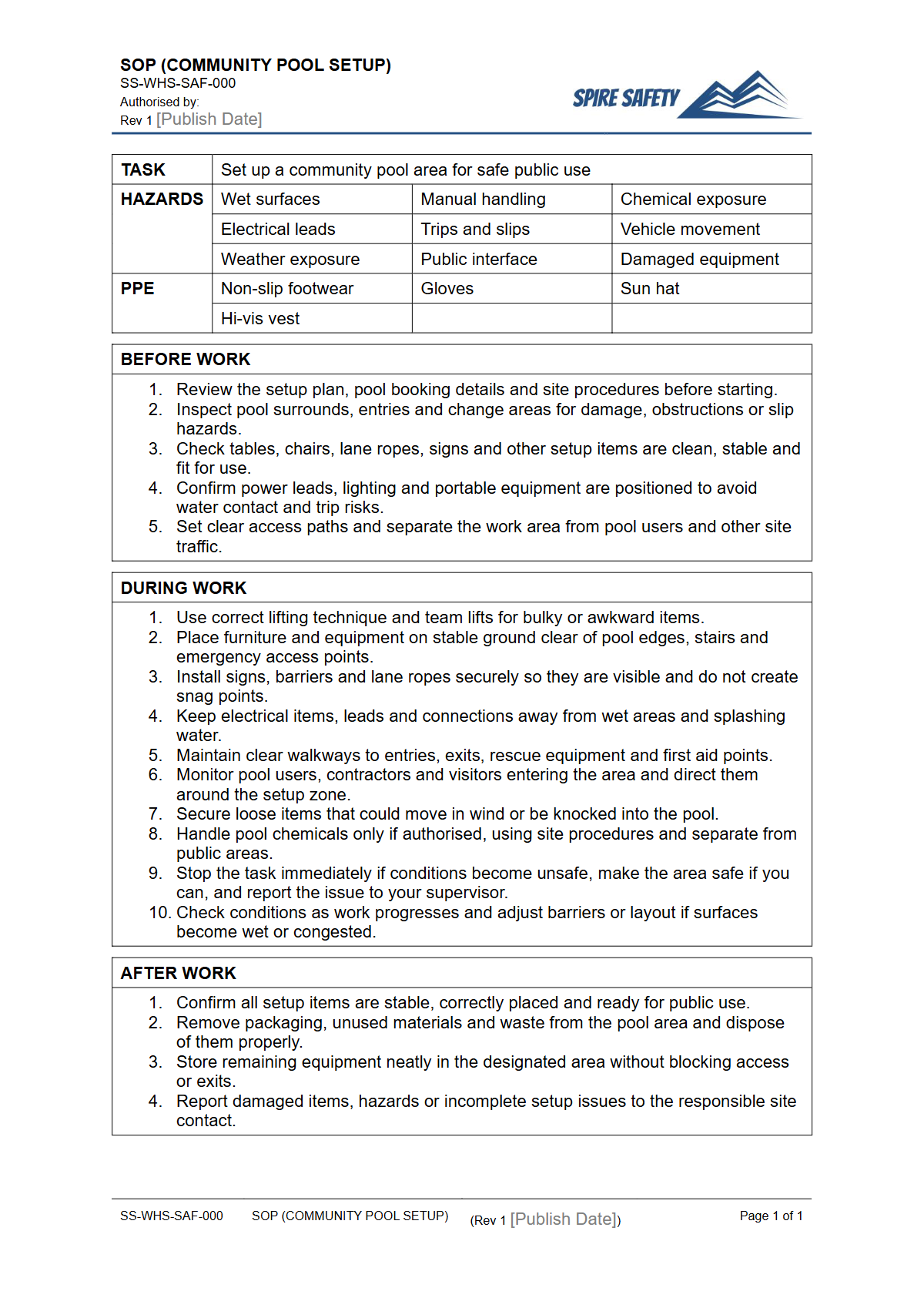 Free Safe Operating Procedure (Community Pool Setup) Template — document preview