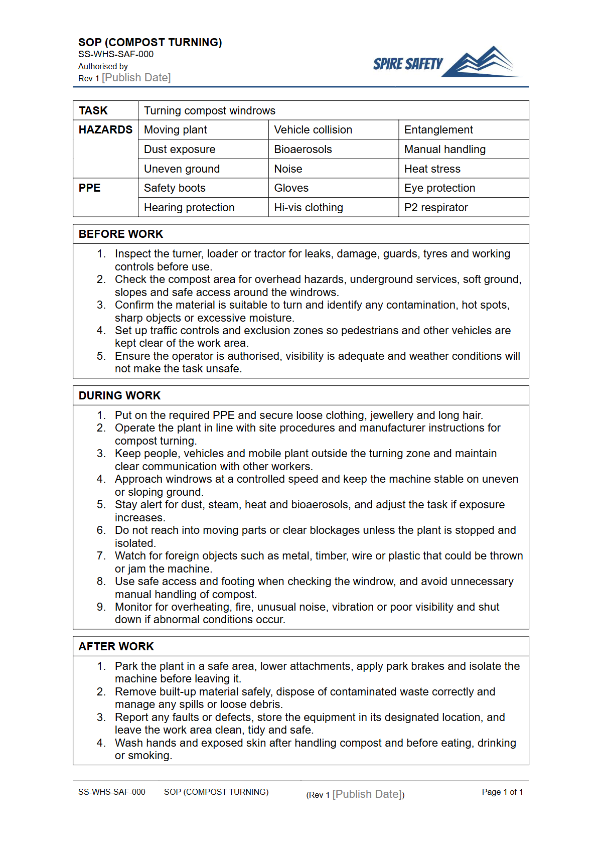 Free Safe Operating Procedure (Compost Turning) Template — document preview