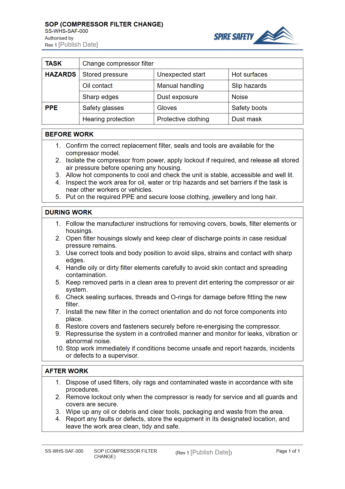Free Safe Operating Procedure (Compressor Filter Change) Template — document preview