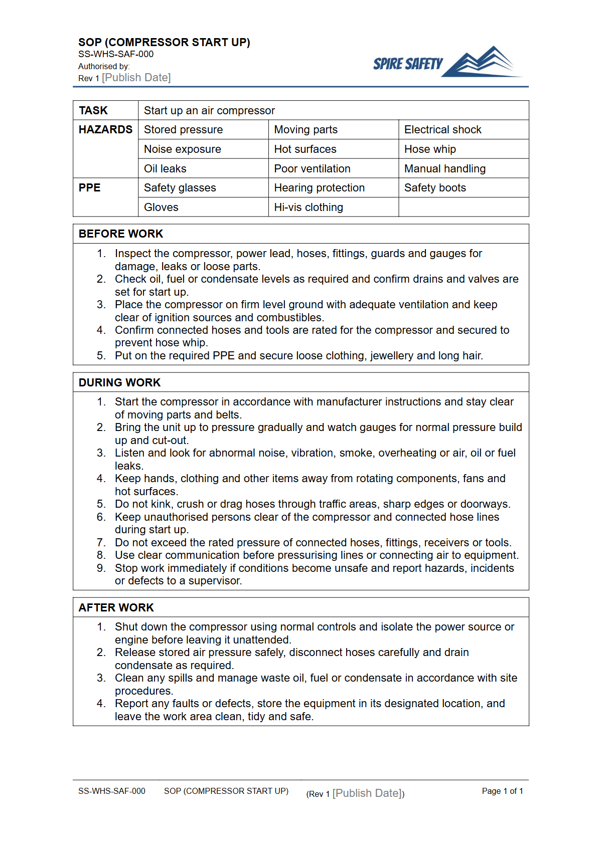 Free Safe Operating Procedure (Compressor Start Up) Template — document preview