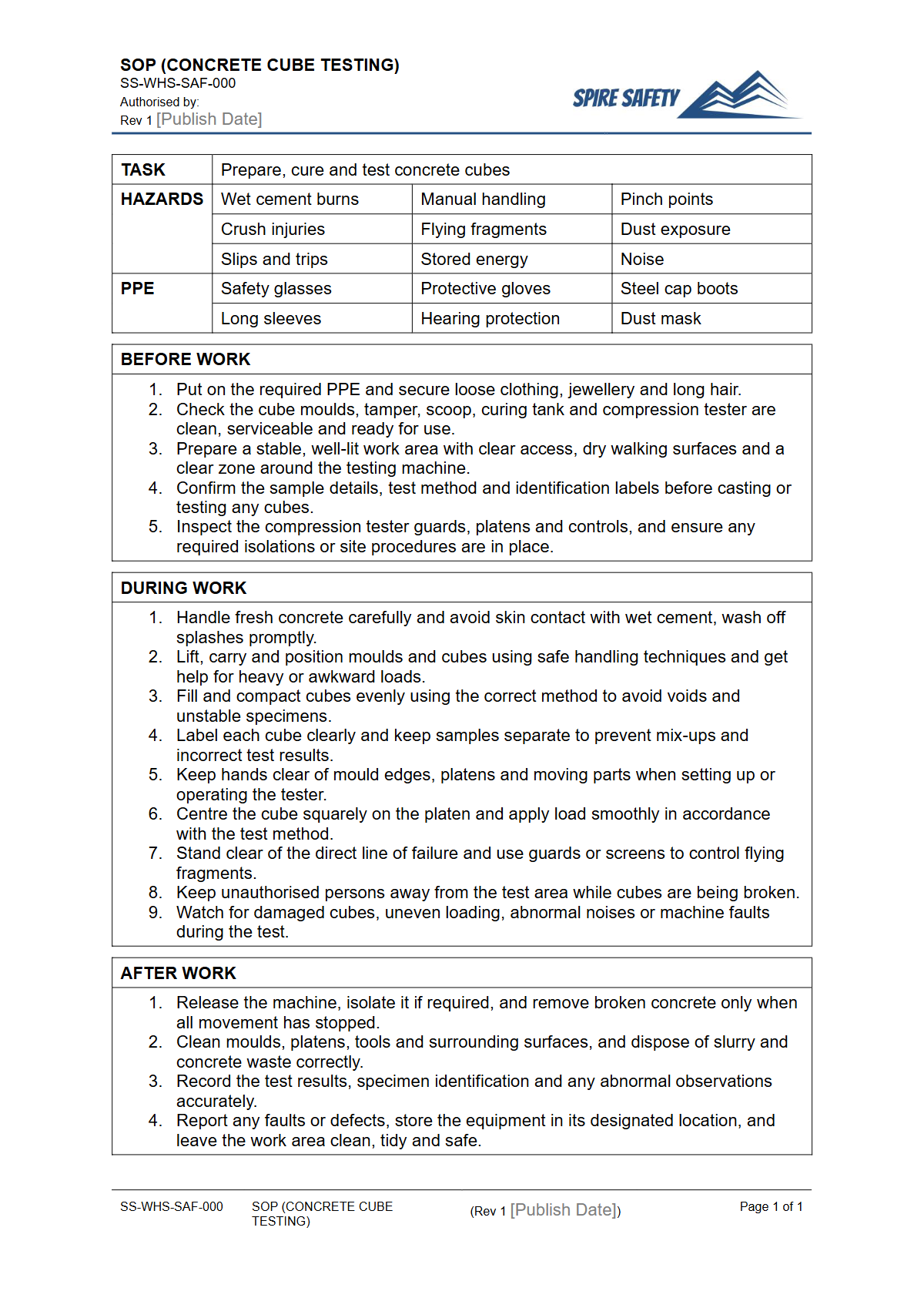 Free Safe Operating Procedure (Concrete Cube Testing) Template — document preview