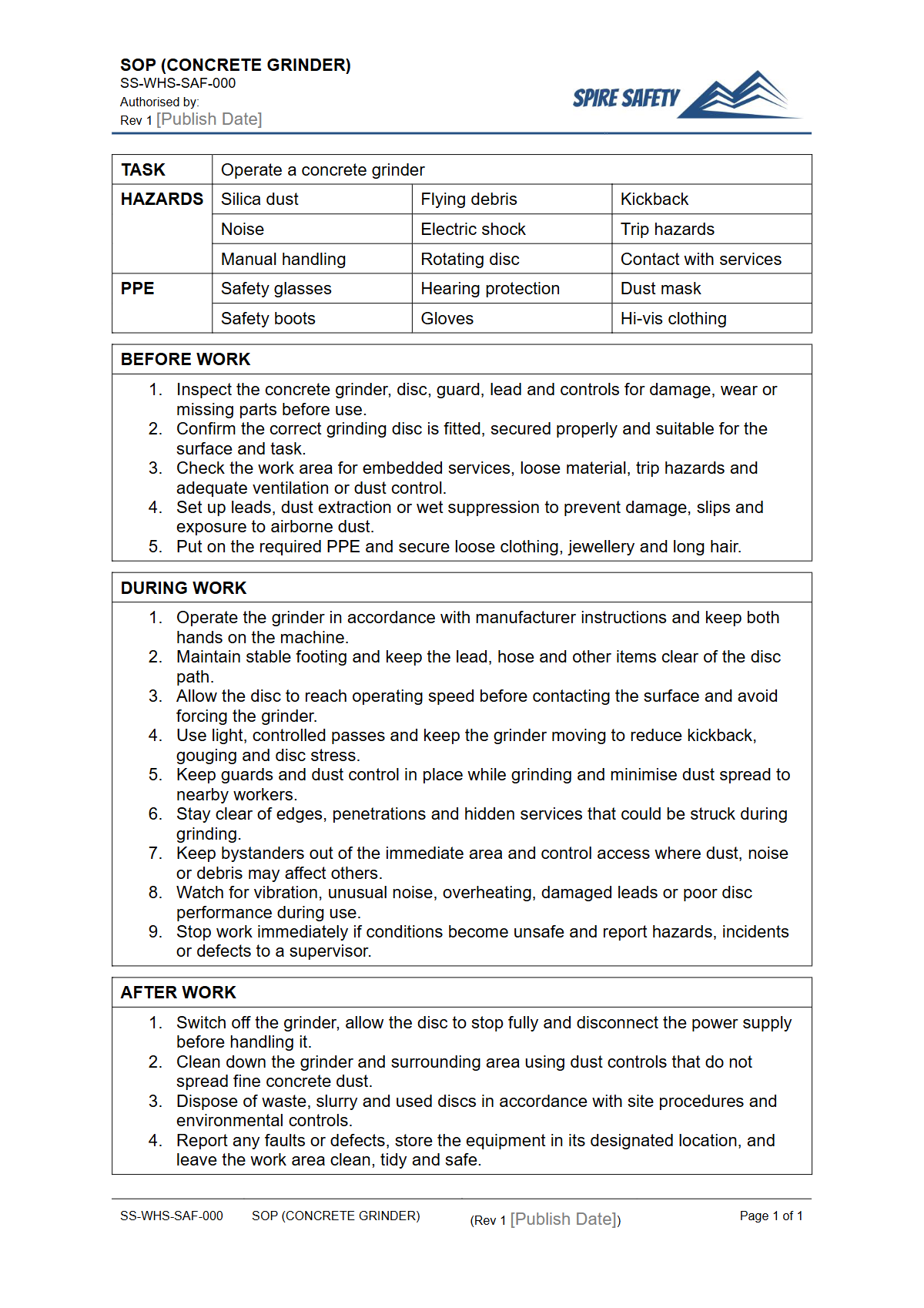 Free Safe Operating Procedure (Concrete Grinder) Template — document preview