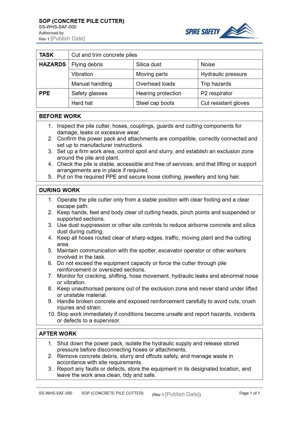 Free Safe Operating Procedure (Concrete Pile Cutter) Template — document preview