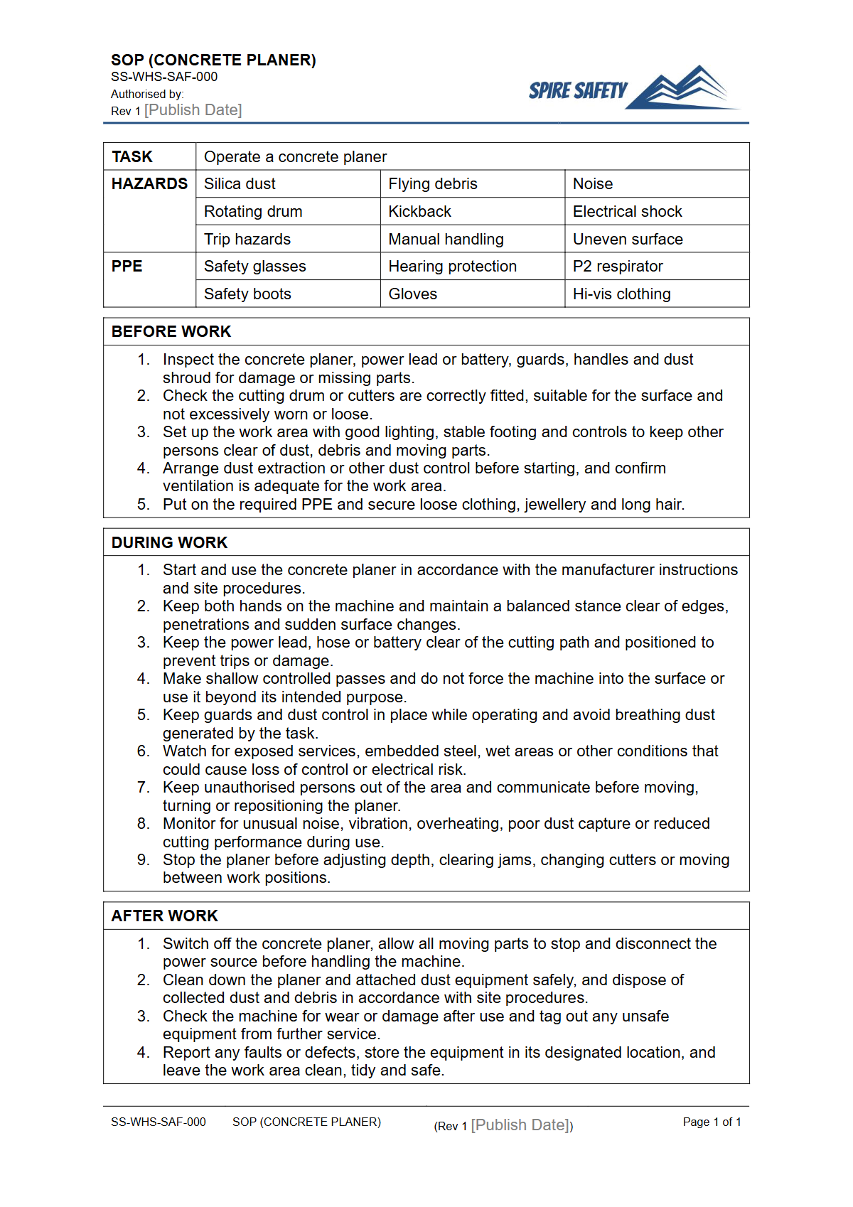 Free Safe Operating Procedure (Concrete Planer) Template — document preview