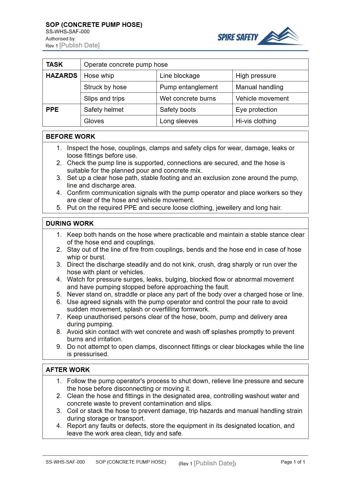 Free Safe Operating Procedure (Concrete Pump Hose) Template — document preview