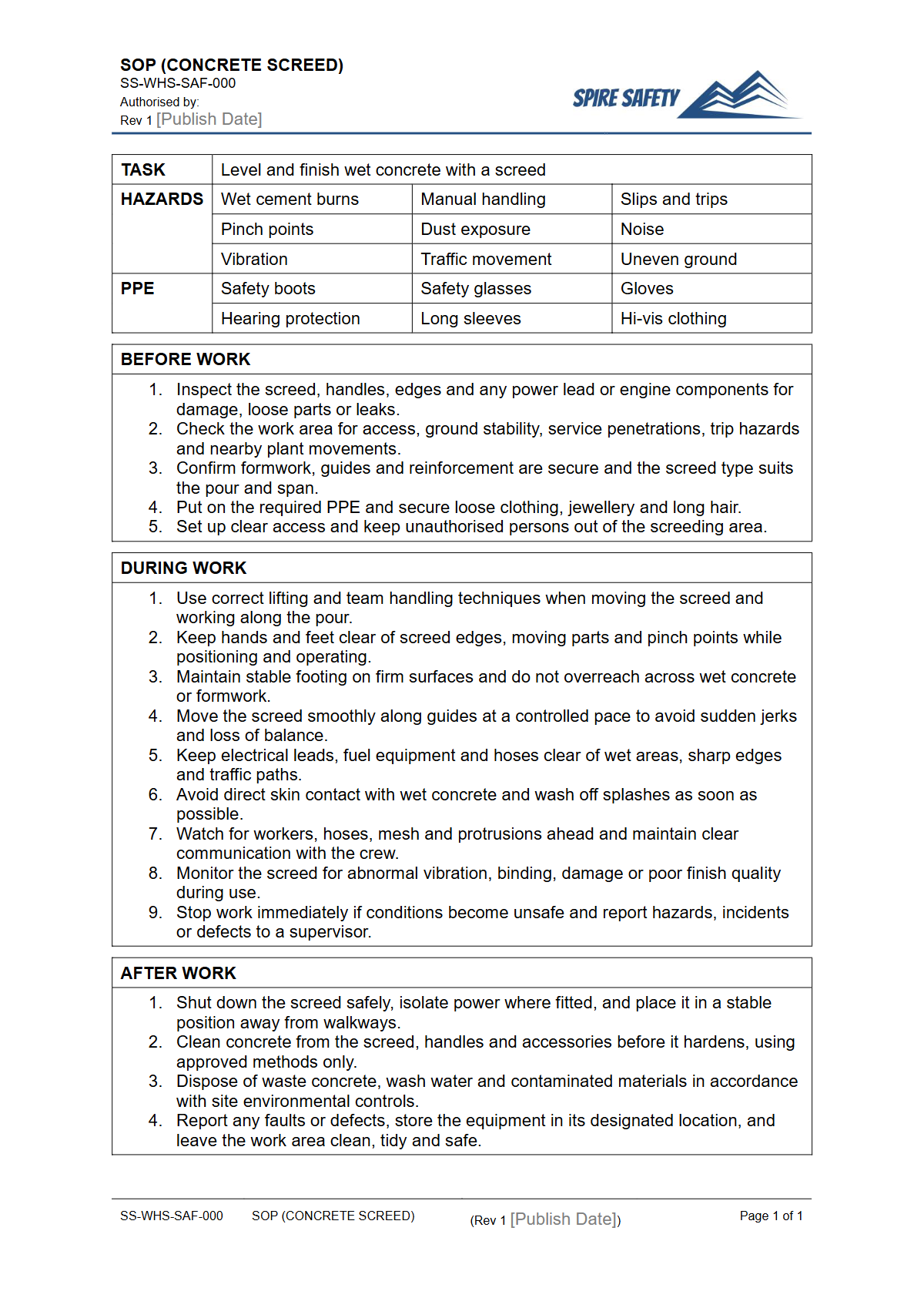 Free Safe Operating Procedure (Concrete Screed) Template — document preview