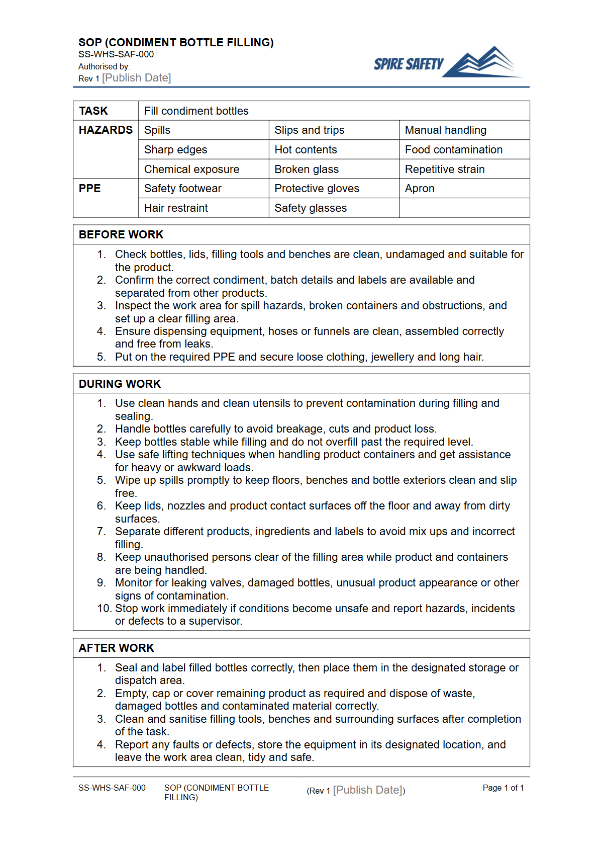 Free Safe Operating Procedure (Condiment Bottle Filling) Template — document preview