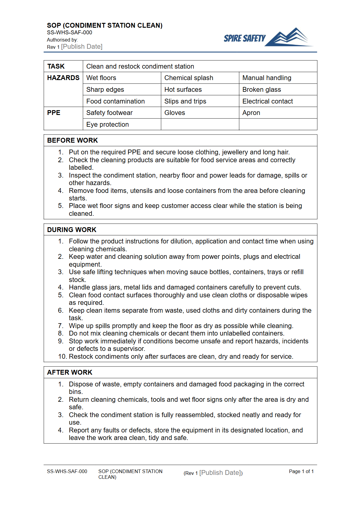 Free Safe Operating Procedure (Condiment Station Clean) Template — document preview