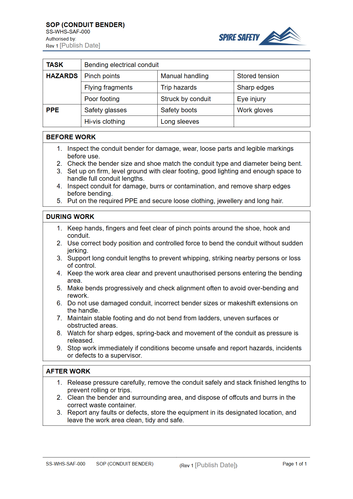 Free Safe Operating Procedure (Conduit Bender) Template — document preview