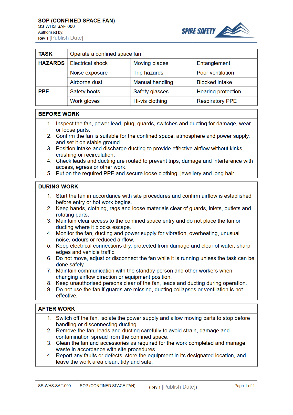 Free Safe Operating Procedure (Confined Space Fan) Template — document preview
