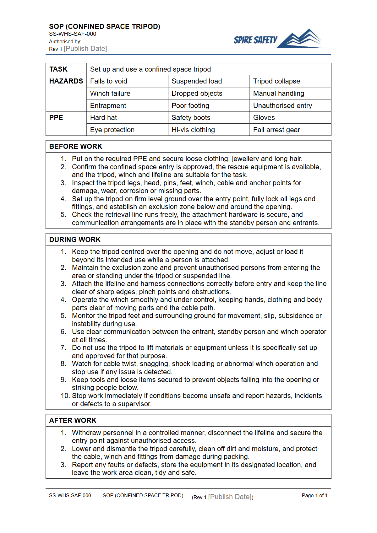 Free Safe Operating Procedure (Confined Space Tripod) Template — document preview