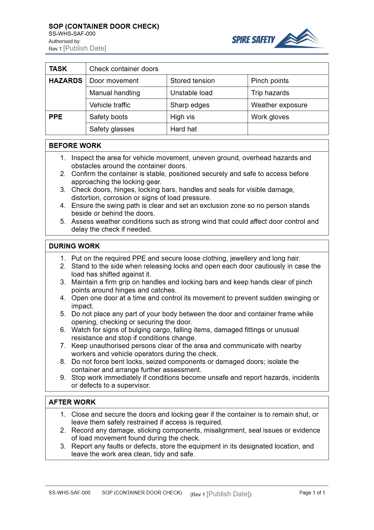 Free Safe Operating Procedure (Container Door Check) Template — document preview