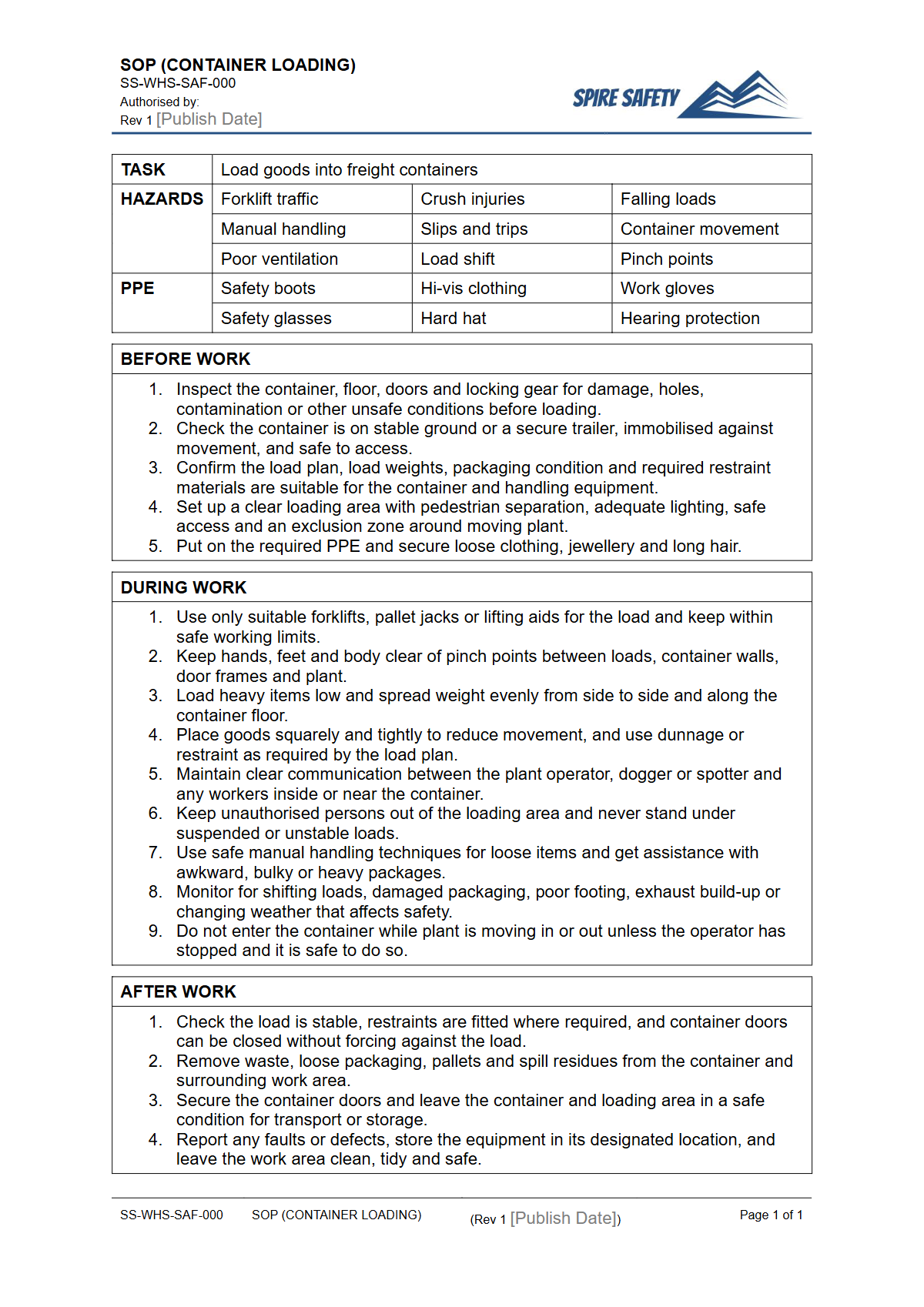 Free Safe Operating Procedure (Container Loading) Template — document preview