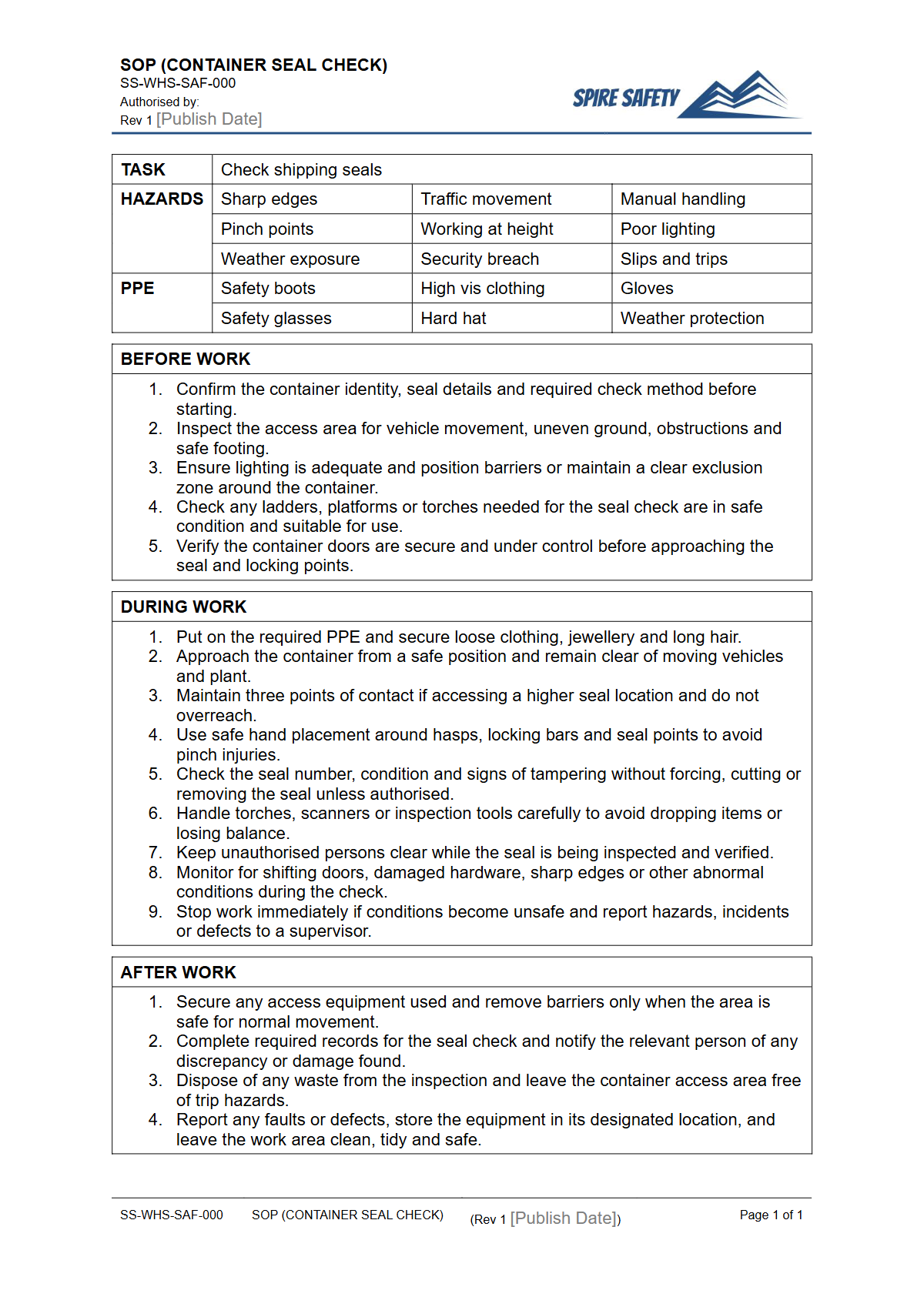 Free Safe Operating Procedure (Container Seal Check) Template — document preview