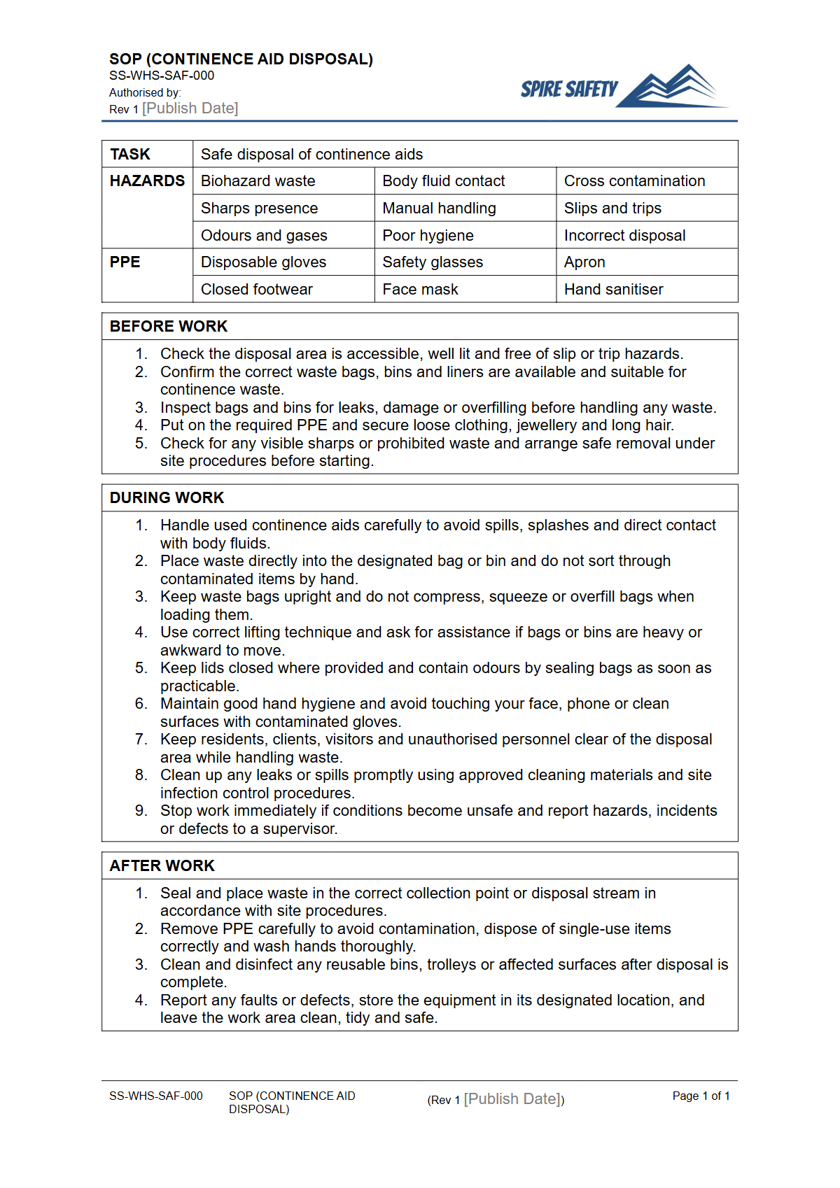 Free Safe Operating Procedure (Continence Aid Disposal) Template — document preview