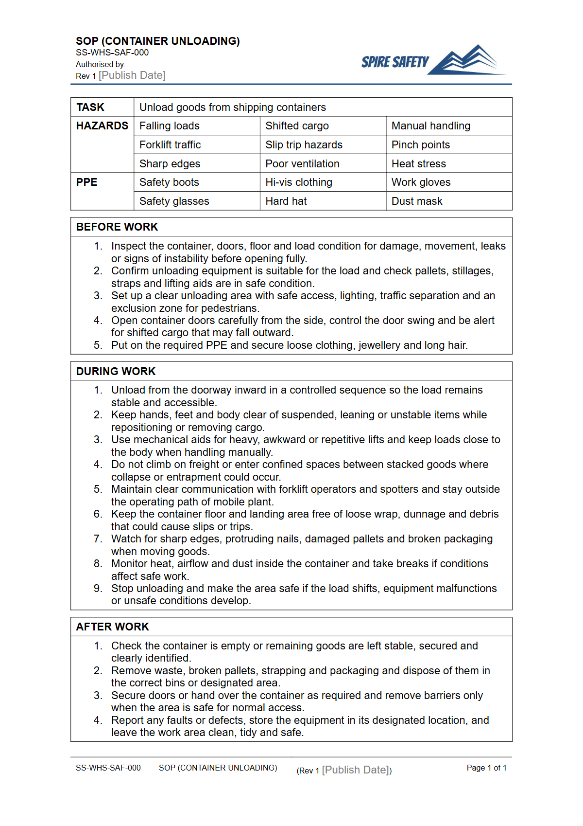 Free Safe Operating Procedure (Container Unloading) Template — document preview