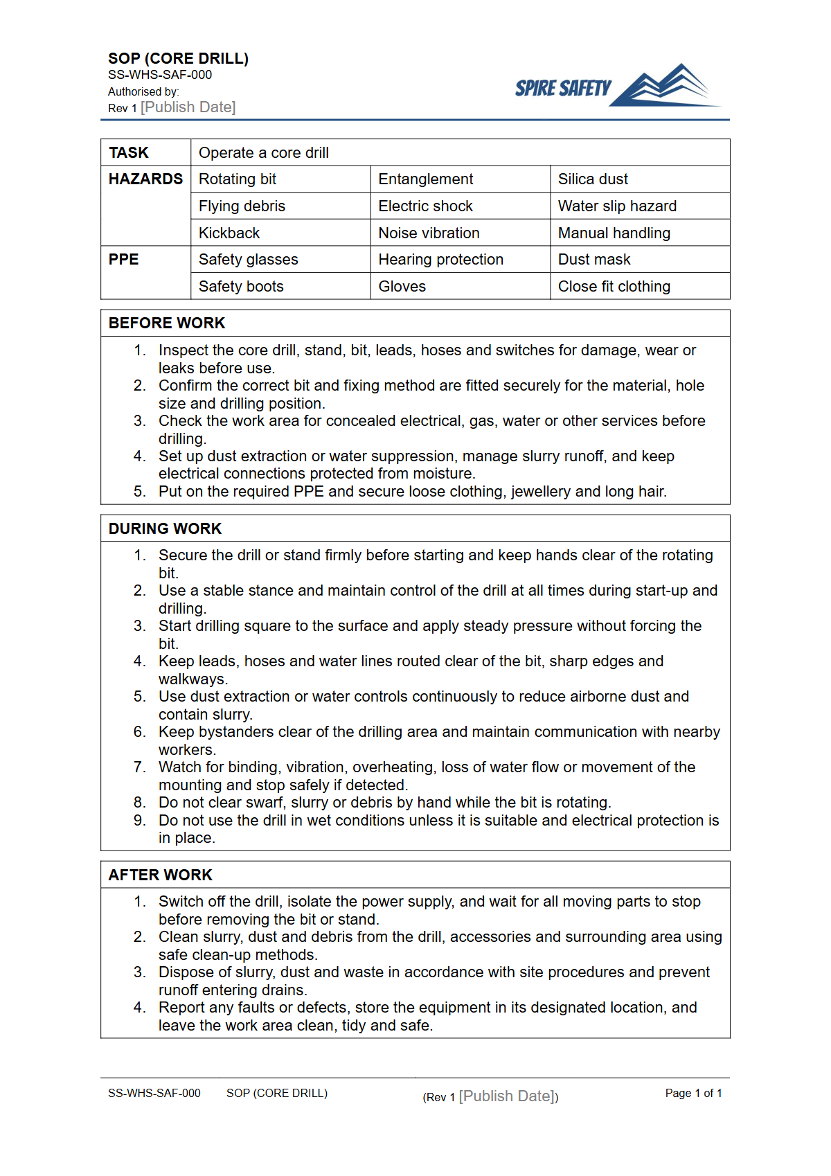 Free Safe Operating Procedure (Core Drill) Template — document preview