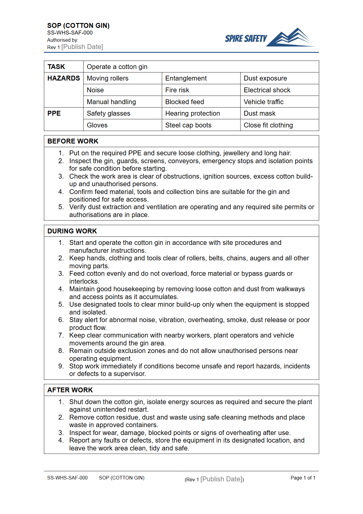 Free Safe Operating Procedure (Cotton Gin) Template — document preview