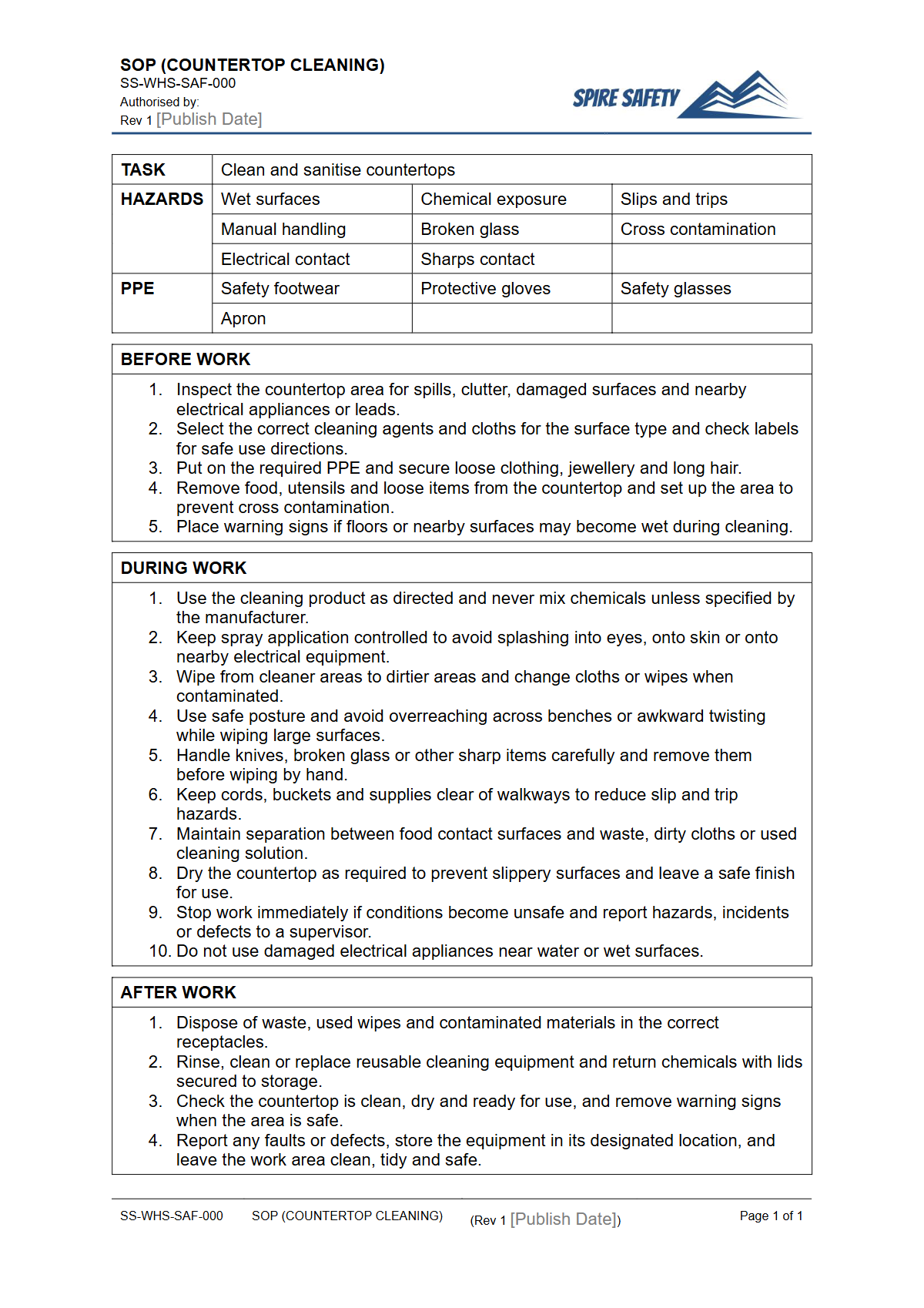 Free Safe Operating Procedure (Countertop Cleaning) Template — document preview