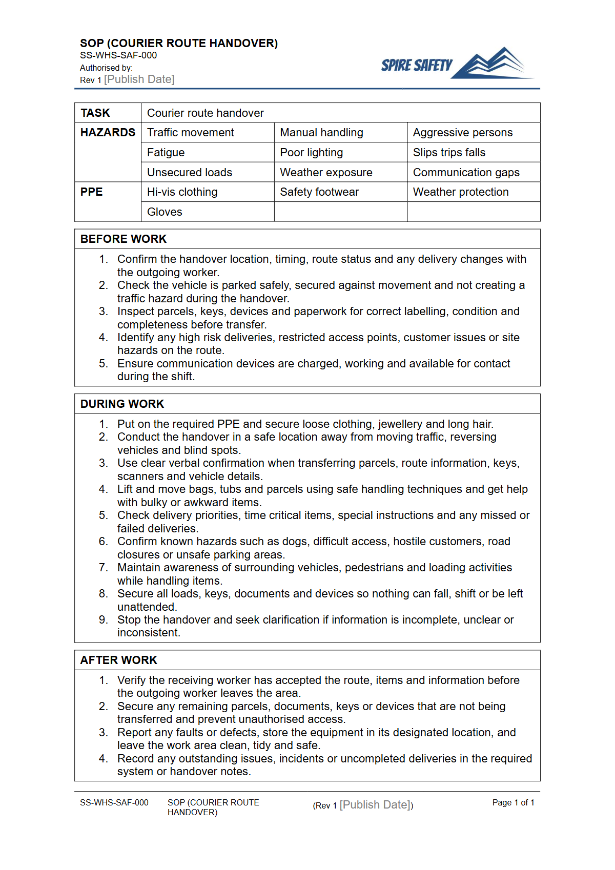 Free Safe Operating Procedure (Courier Route Handover) Template — document preview
