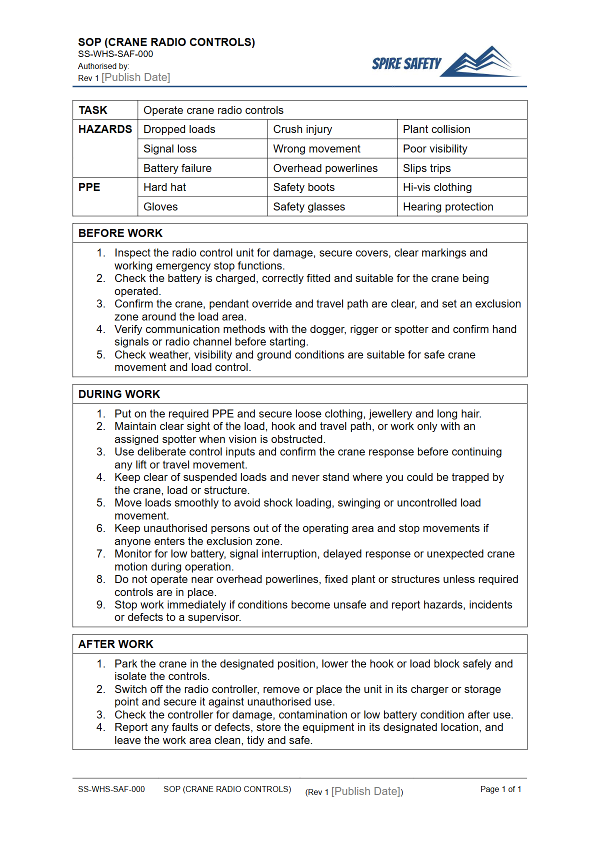 Free Safe Operating Procedure (Crane Radio Controls) Template — document preview