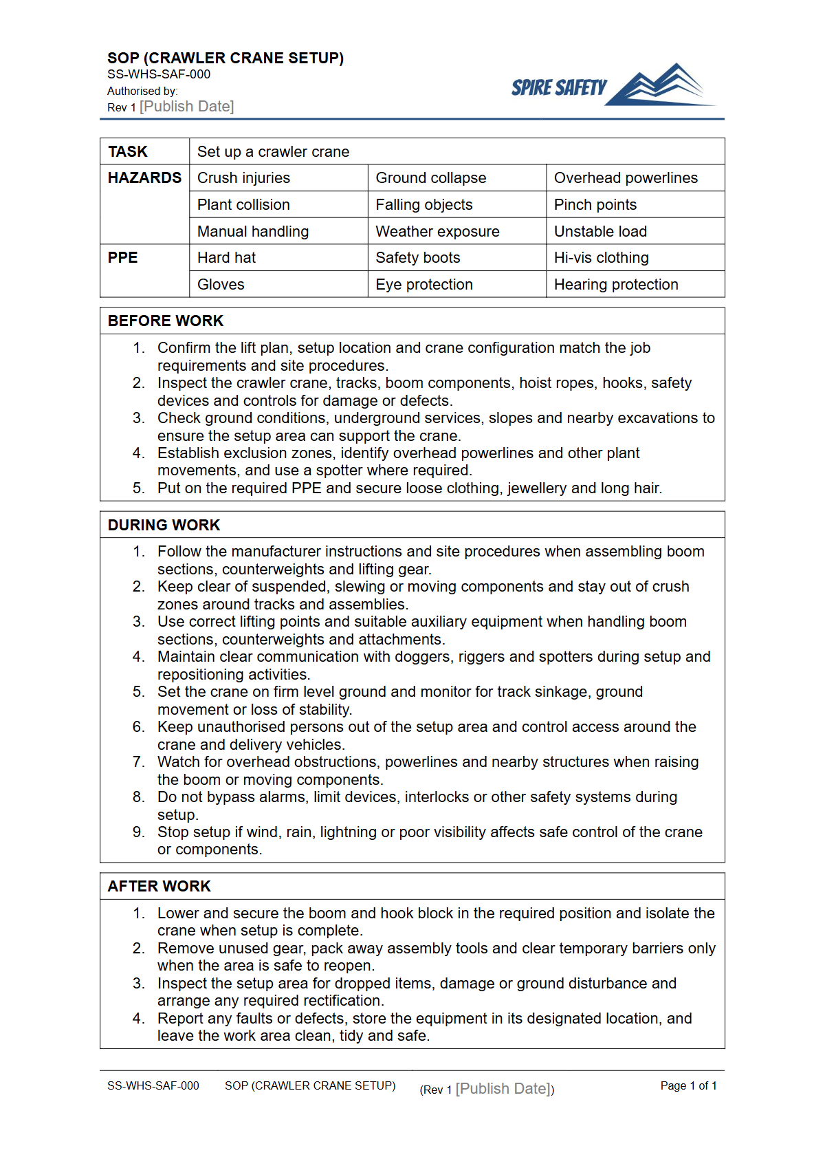 Free Safe Operating Procedure (Crawler Crane Setup) Template — document preview