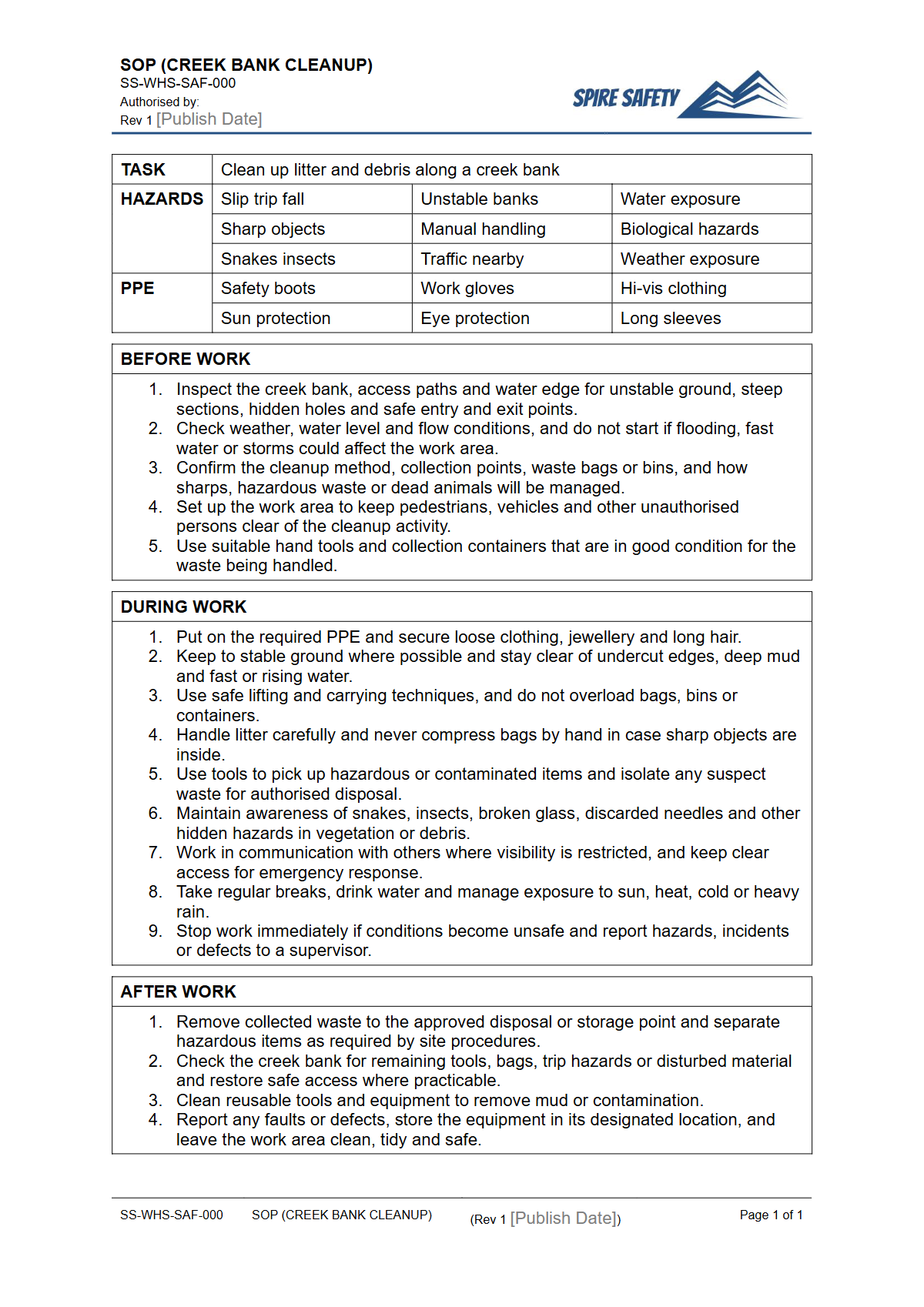 Free Safe Operating Procedure (Creek Bank Cleanup) Template — document preview