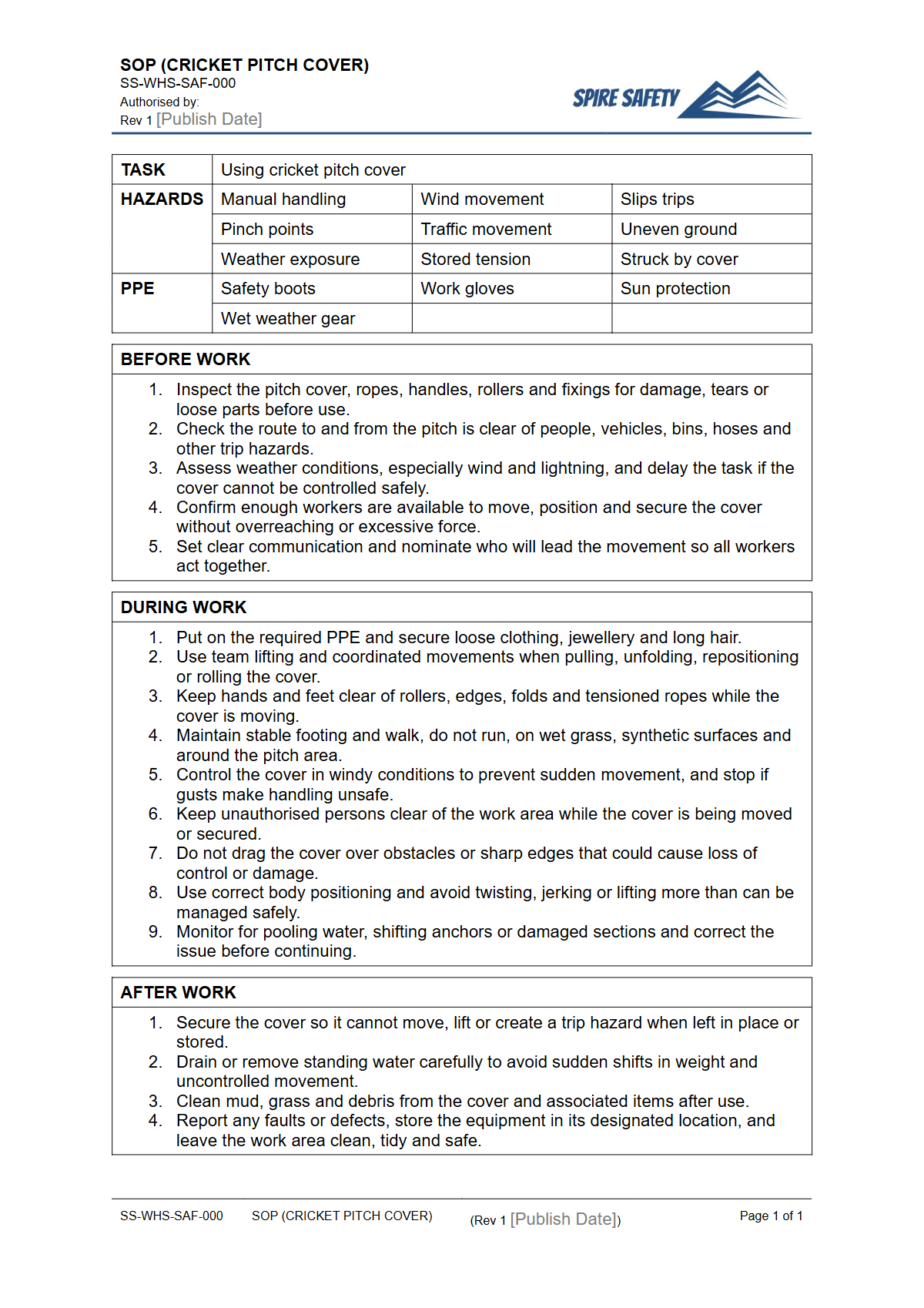 Free Safe Operating Procedure (Cricket Pitch Cover) Template — document preview