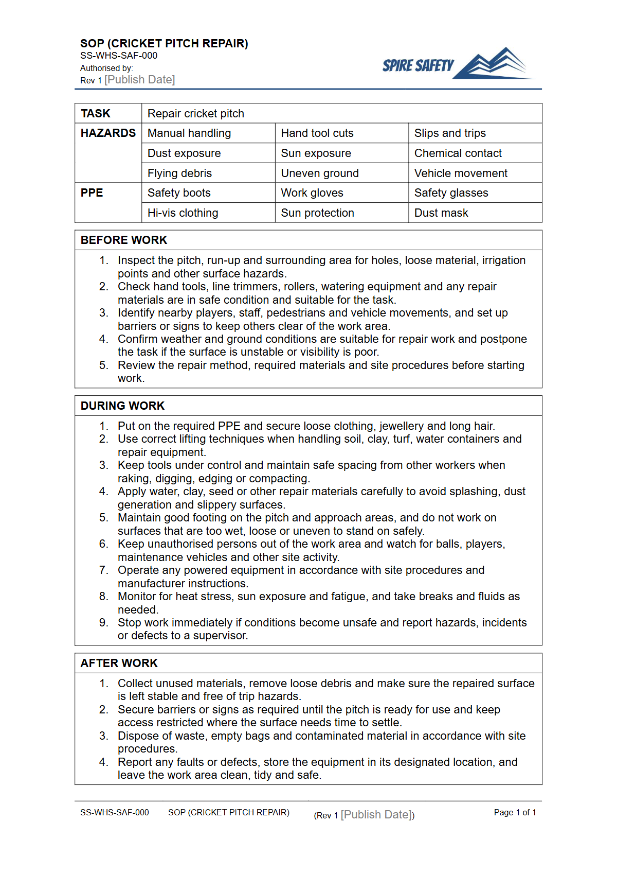 Free Safe Operating Procedure (Cricket Pitch Repair) Template — document preview