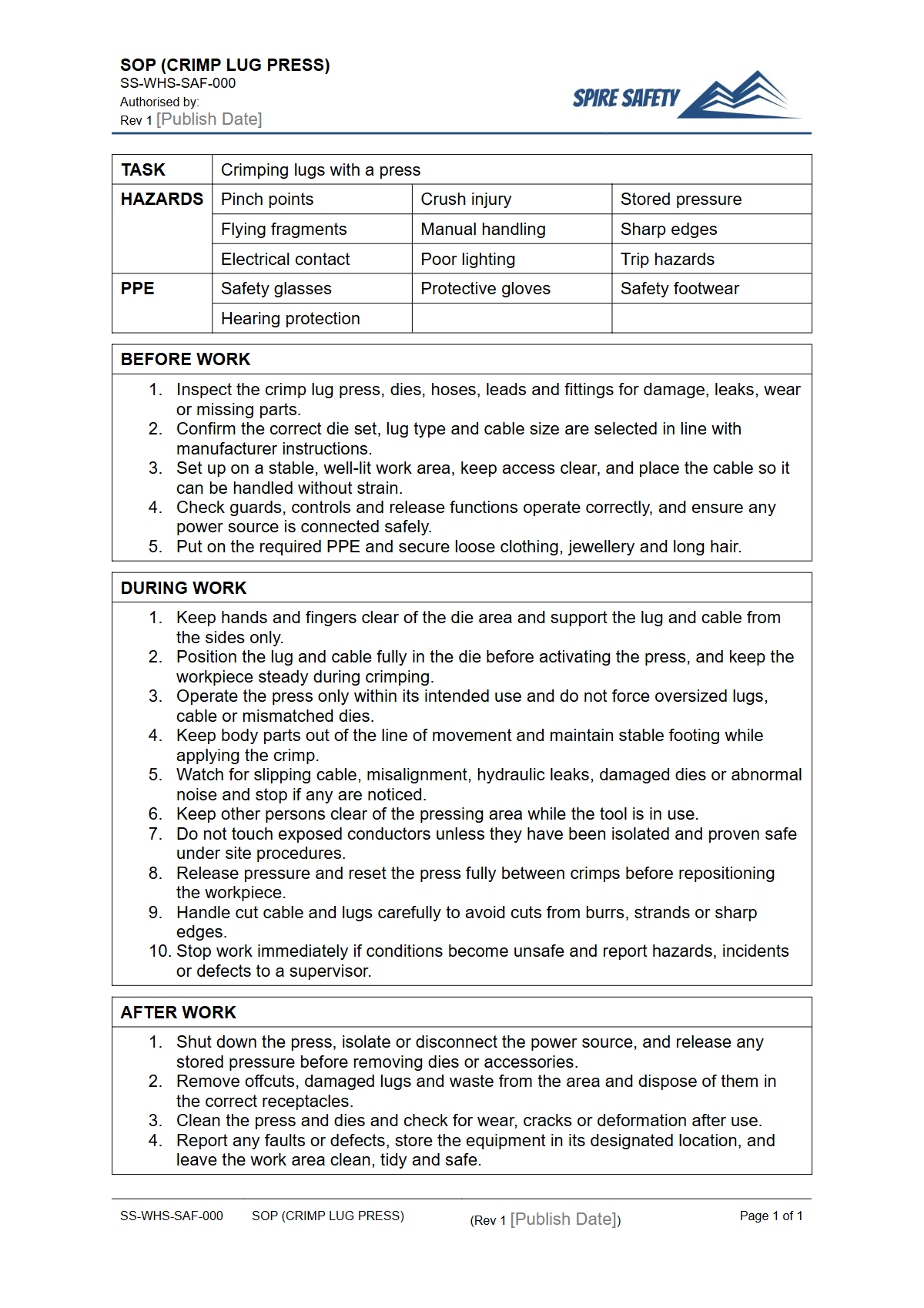 Free Safe Operating Procedure (Crimp Lug Press) Template — document preview
