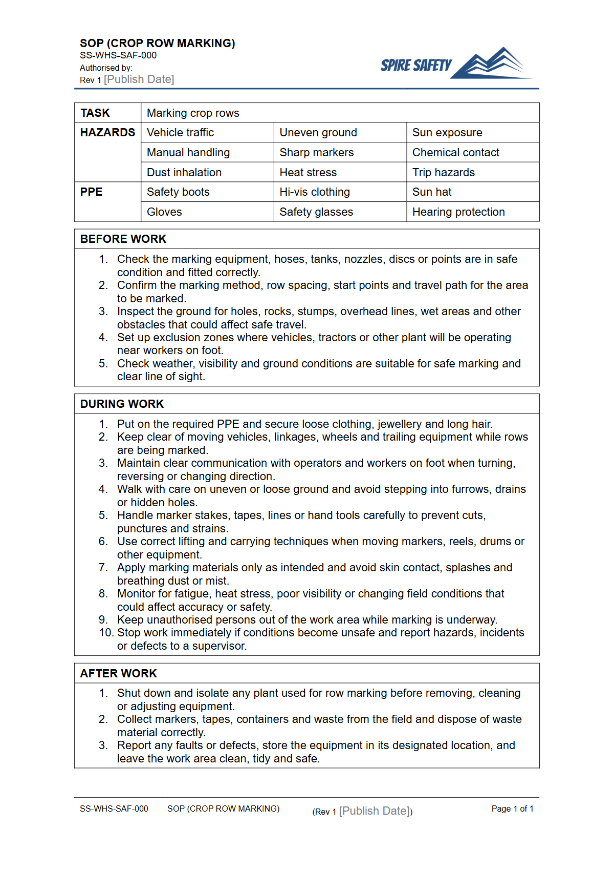 Free Safe Operating Procedure (Crop Row Marking) Template — document preview