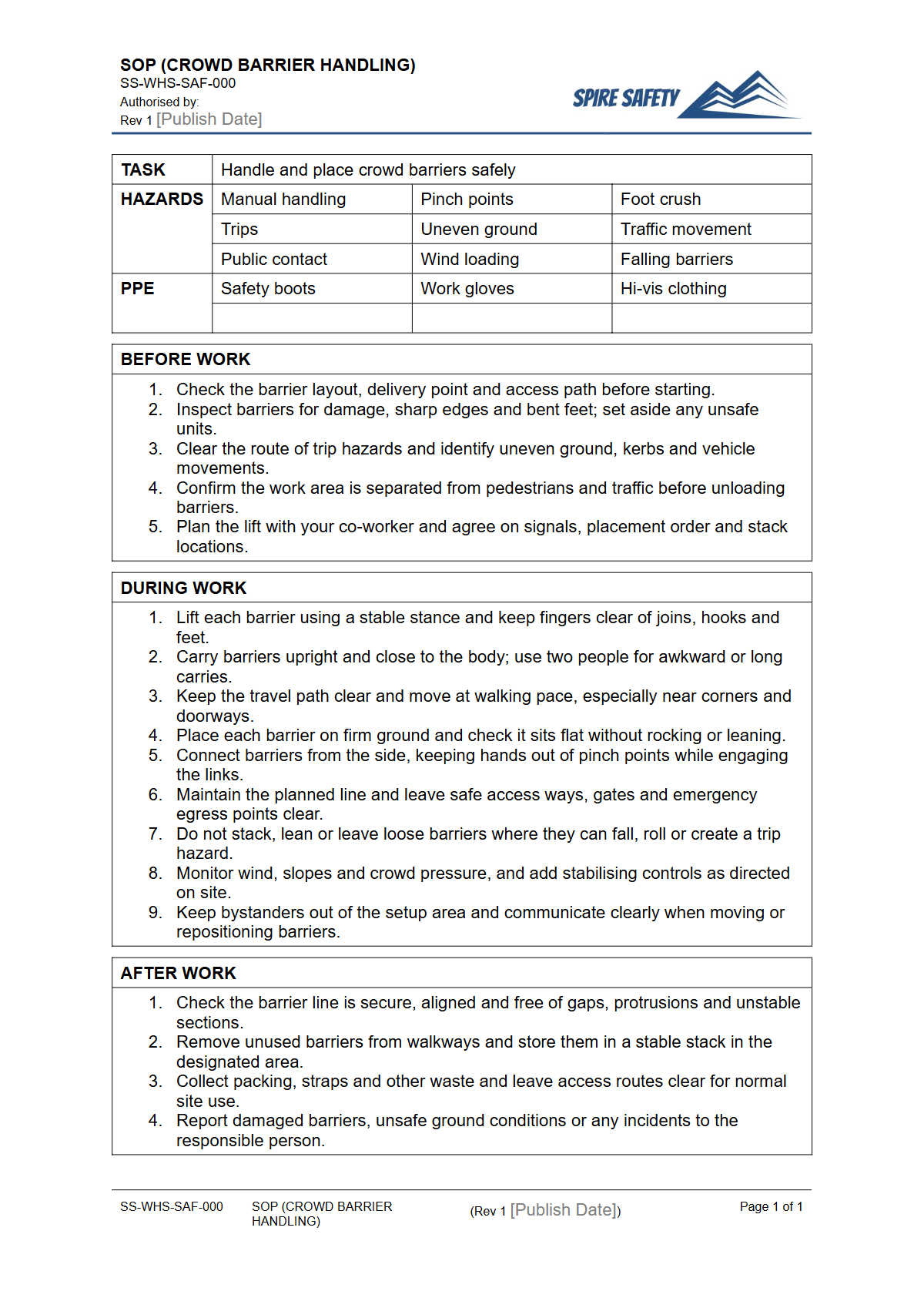 Free Safe Operating Procedure (Crowd Barrier Handling) Template — document preview