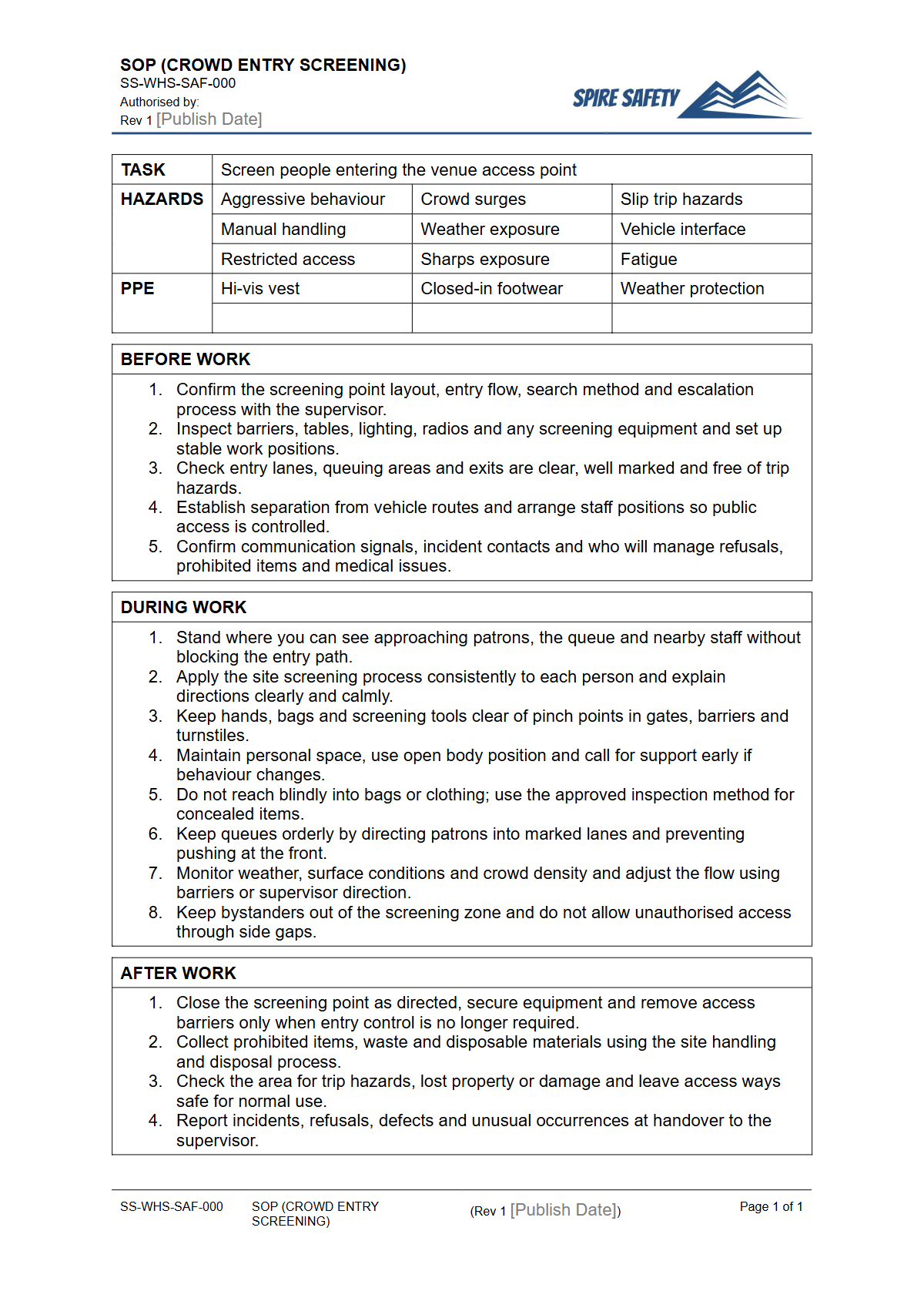 Free Safe Operating Procedure (Crowd Entry Screening) Template — document preview