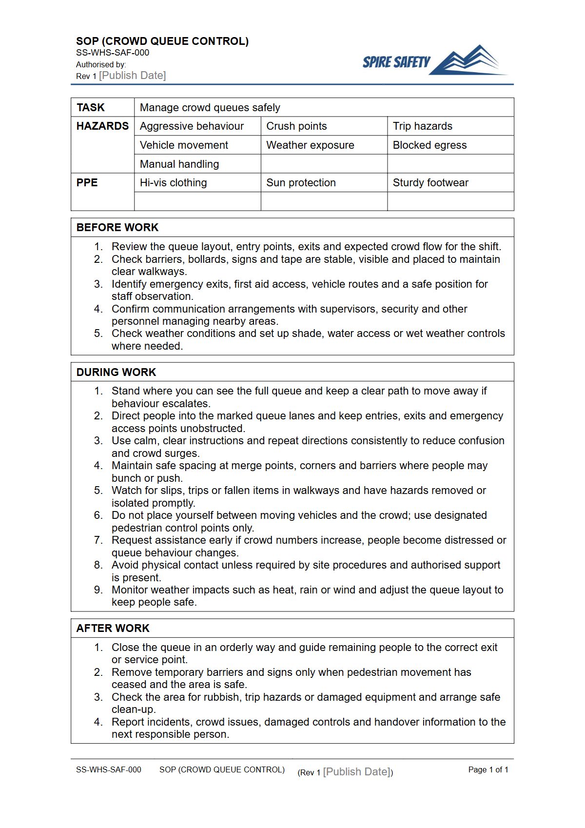 Free Safe Operating Procedure (Crowd Queue Control) Template — document preview