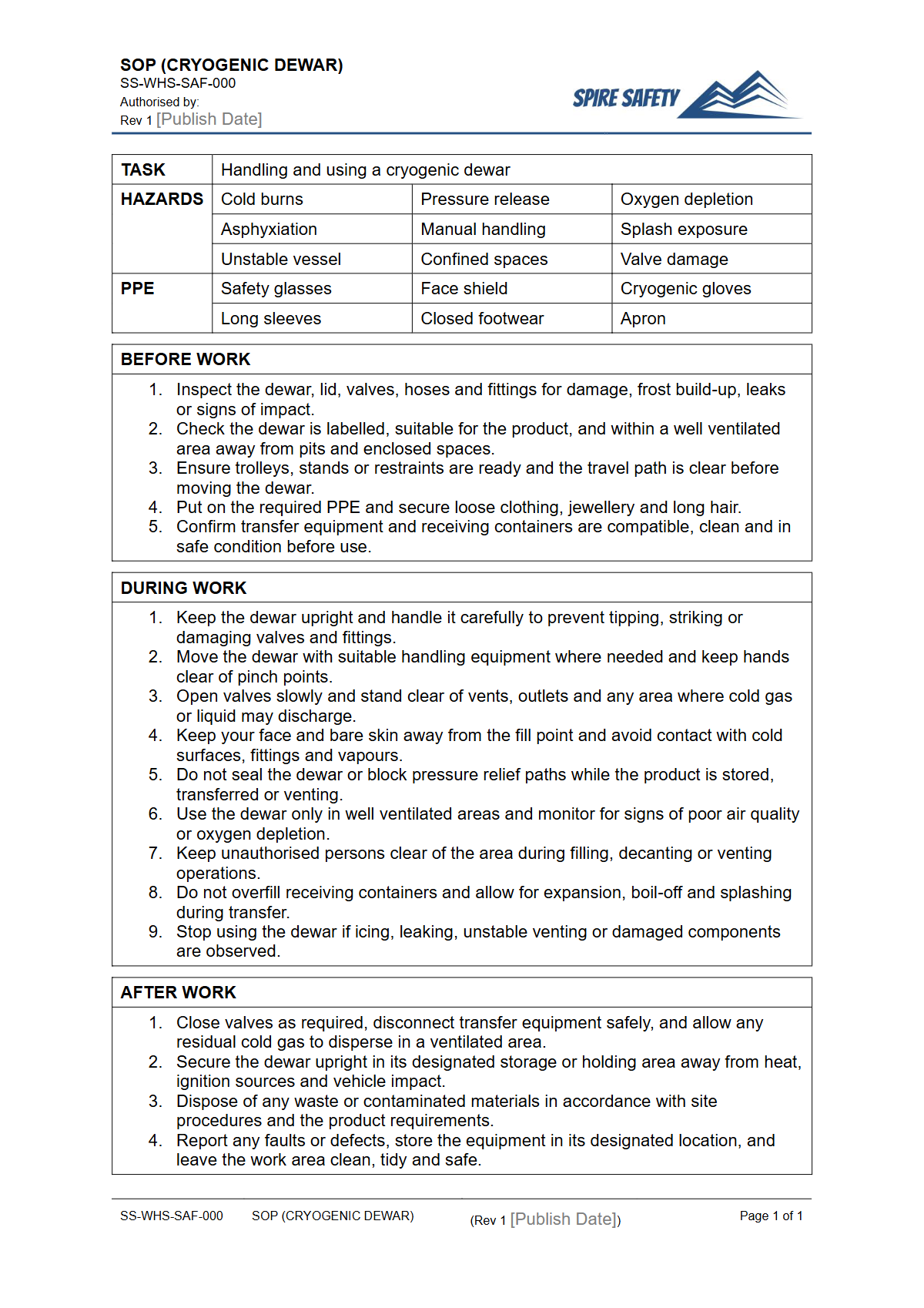 Free Safe Operating Procedure (Cryogenic Dewar) Template — document preview