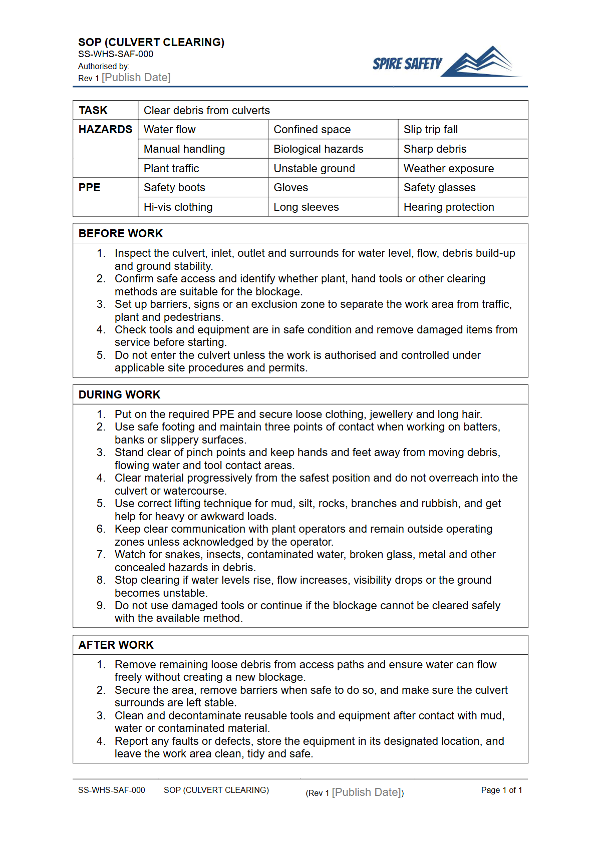 Free Safe Operating Procedure (Culvert Clearing) Template — document preview