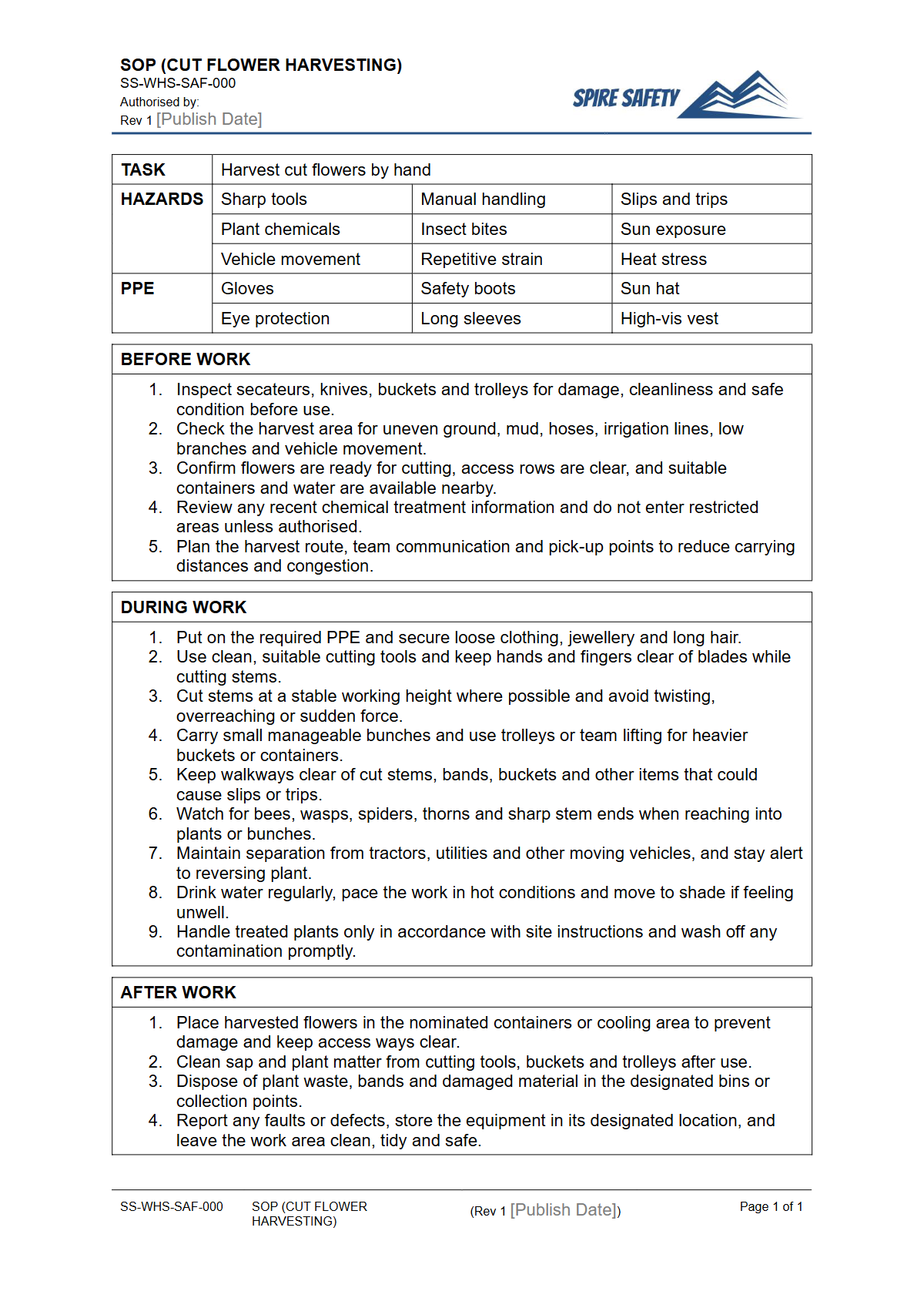 Free Safe Operating Procedure (Cut Flower Harvesting) Template — document preview
