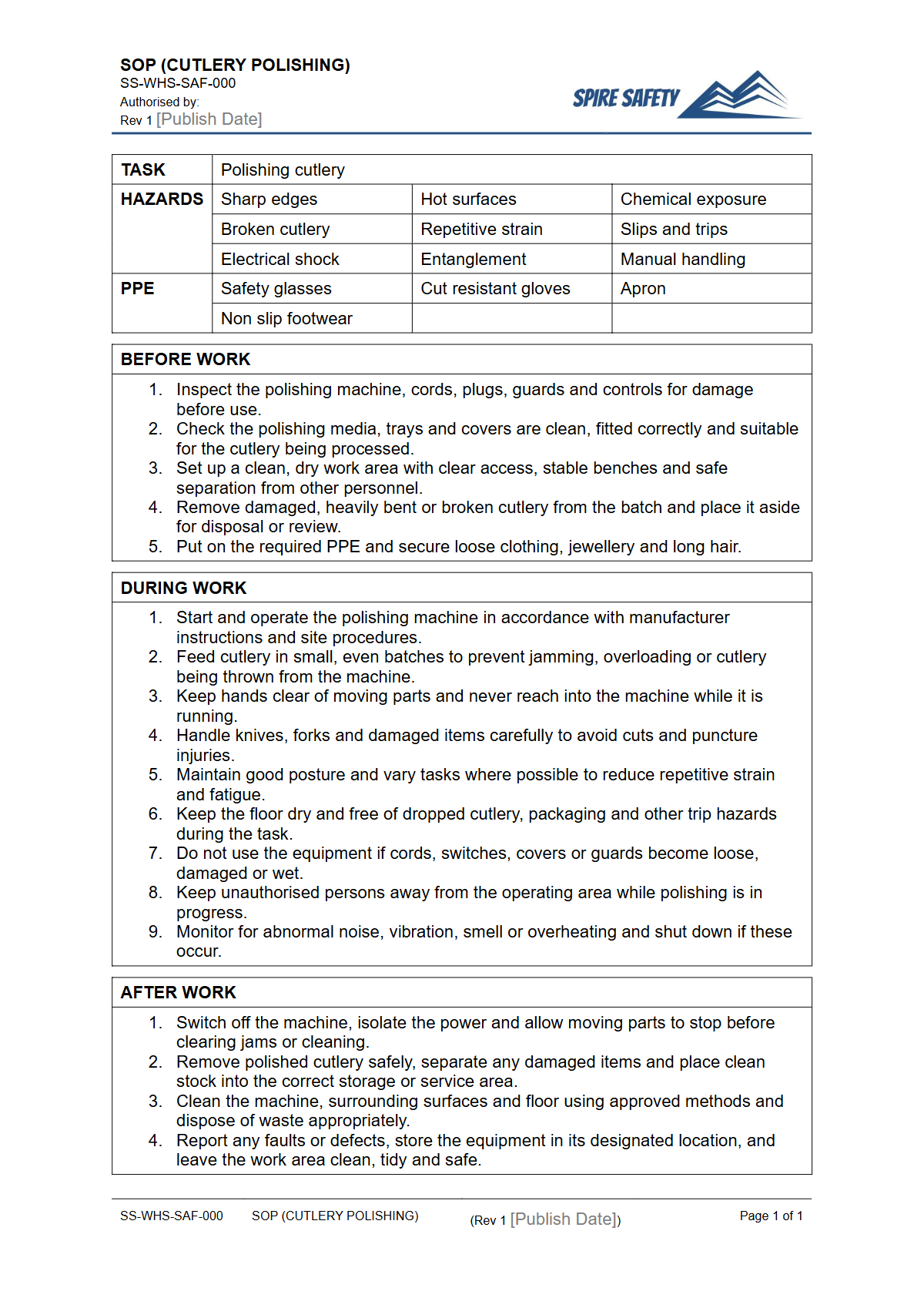 Free Safe Operating Procedure (Cutlery Polishing) Template — document preview