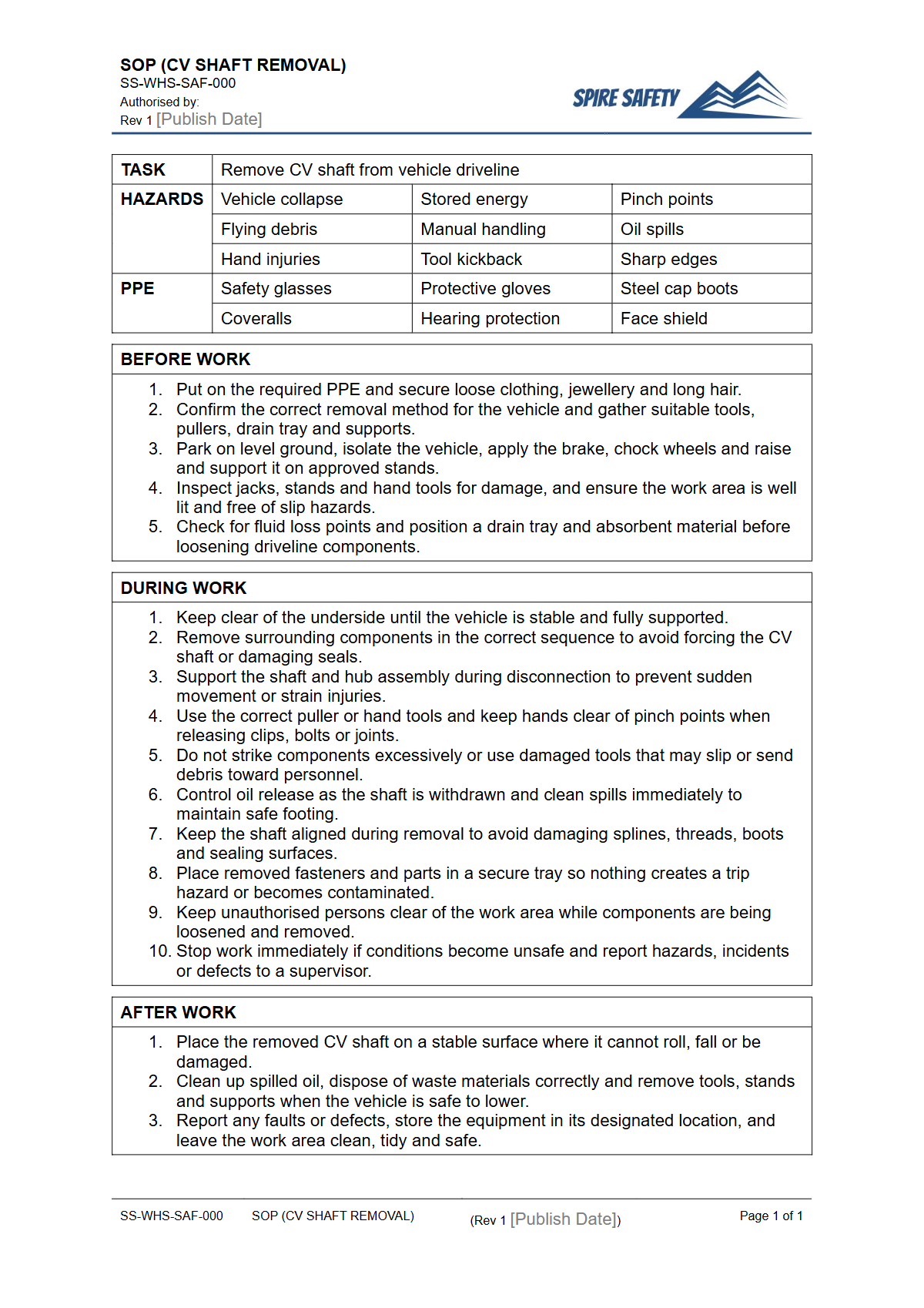 Free Safe Operating Procedure (CV Shaft Removal) Template — document preview