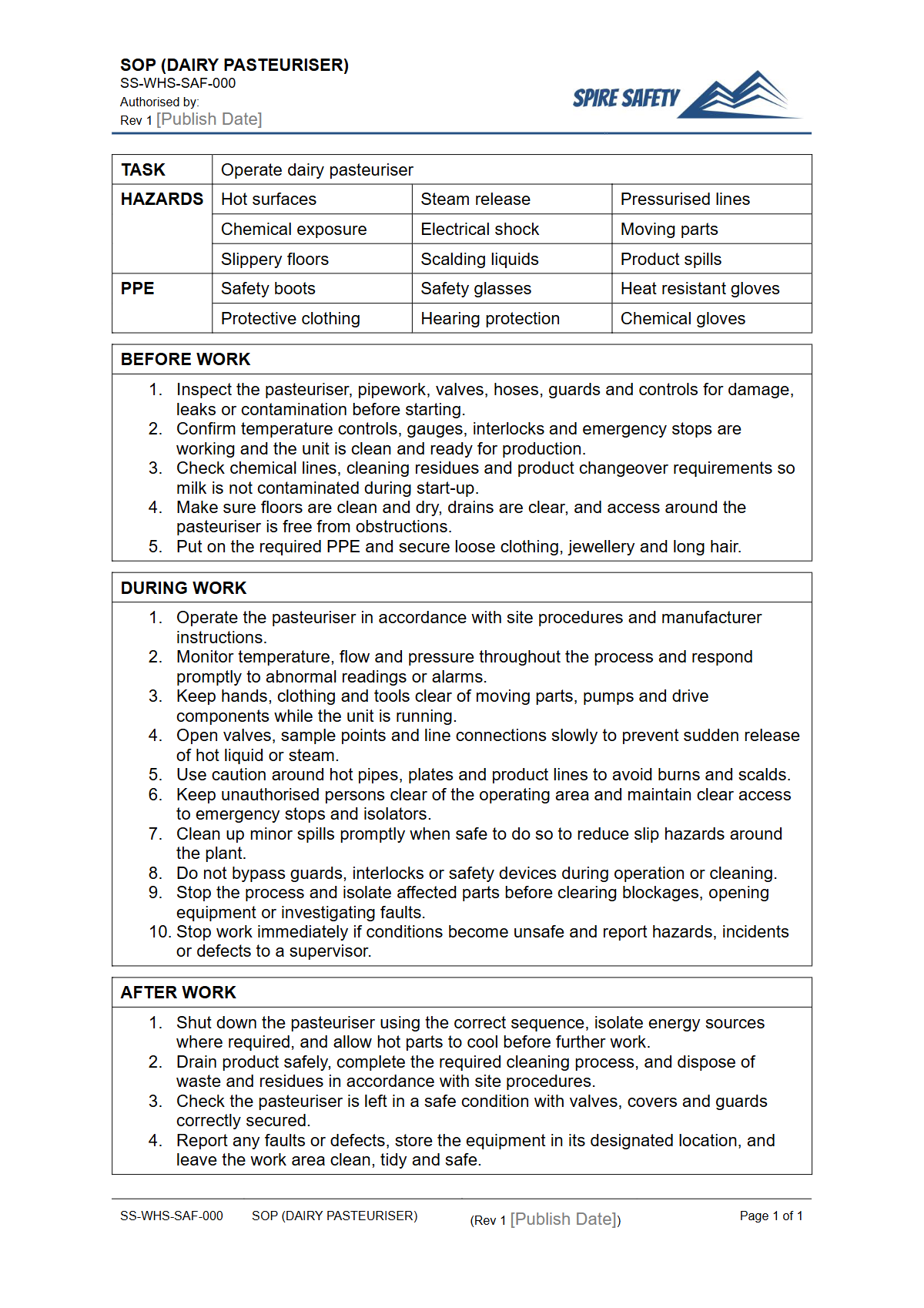 Free Safe Operating Procedure (Dairy Pasteuriser) Template — document preview