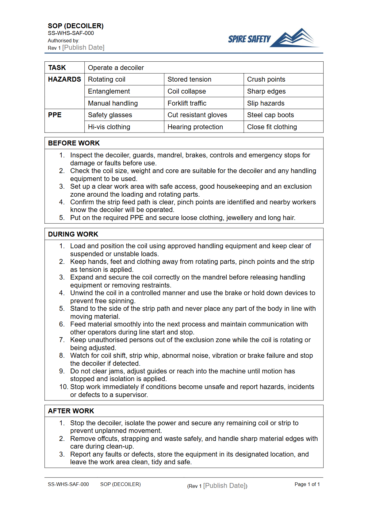 Free Safe Operating Procedure (Decoiler) Template — document preview