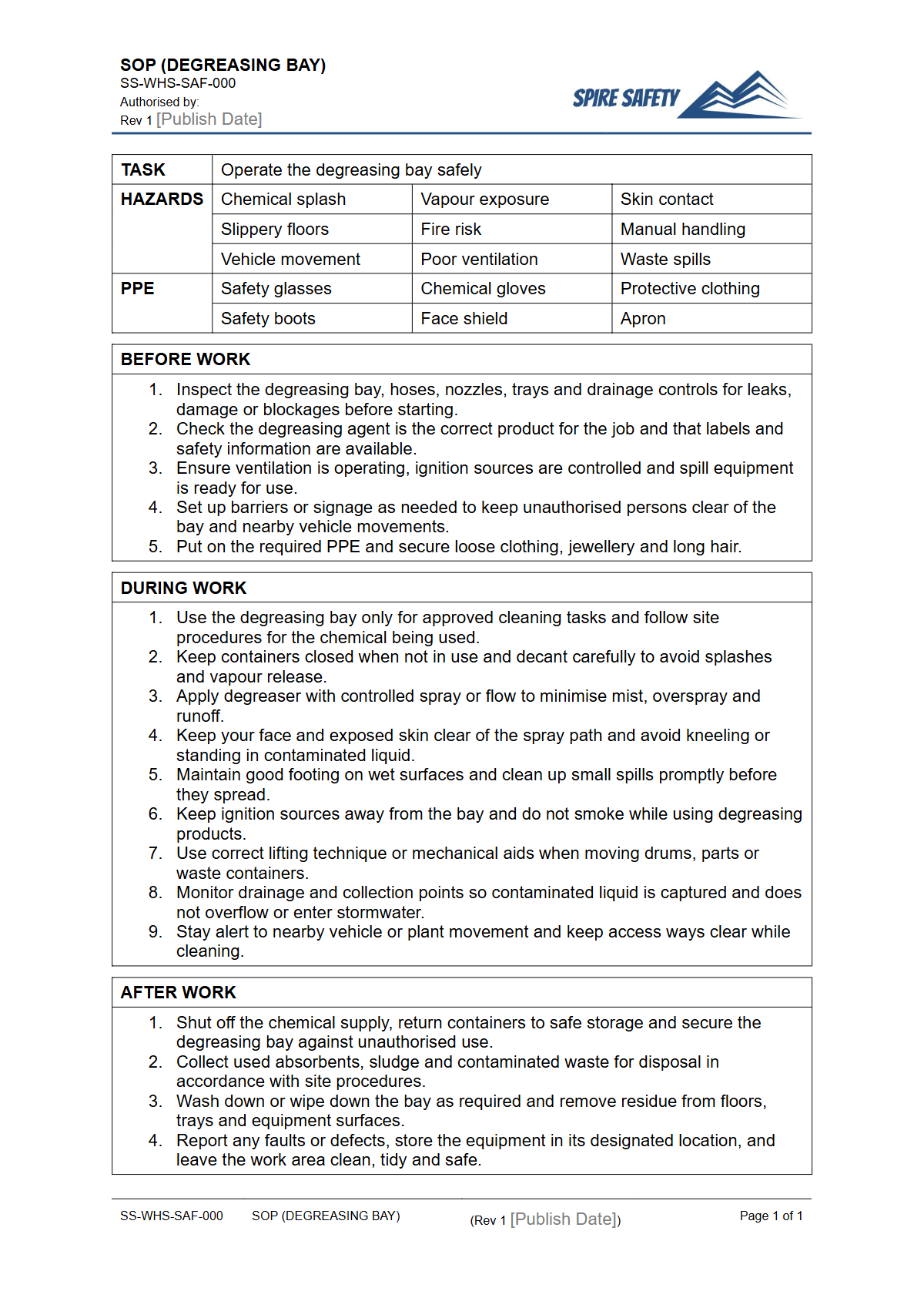 Free Safe Operating Procedure (Degreasing Bay) Template — document preview