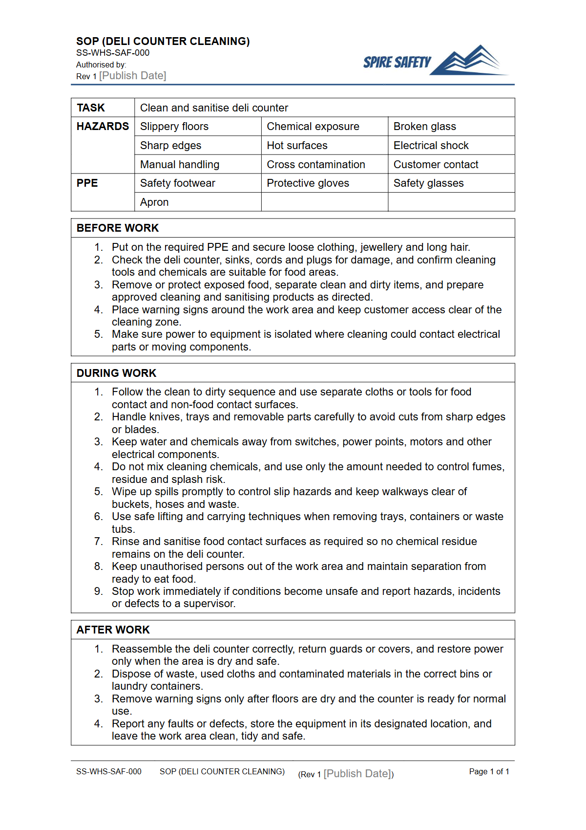 Free Safe Operating Procedure (Deli Counter Cleaning) Template — document preview