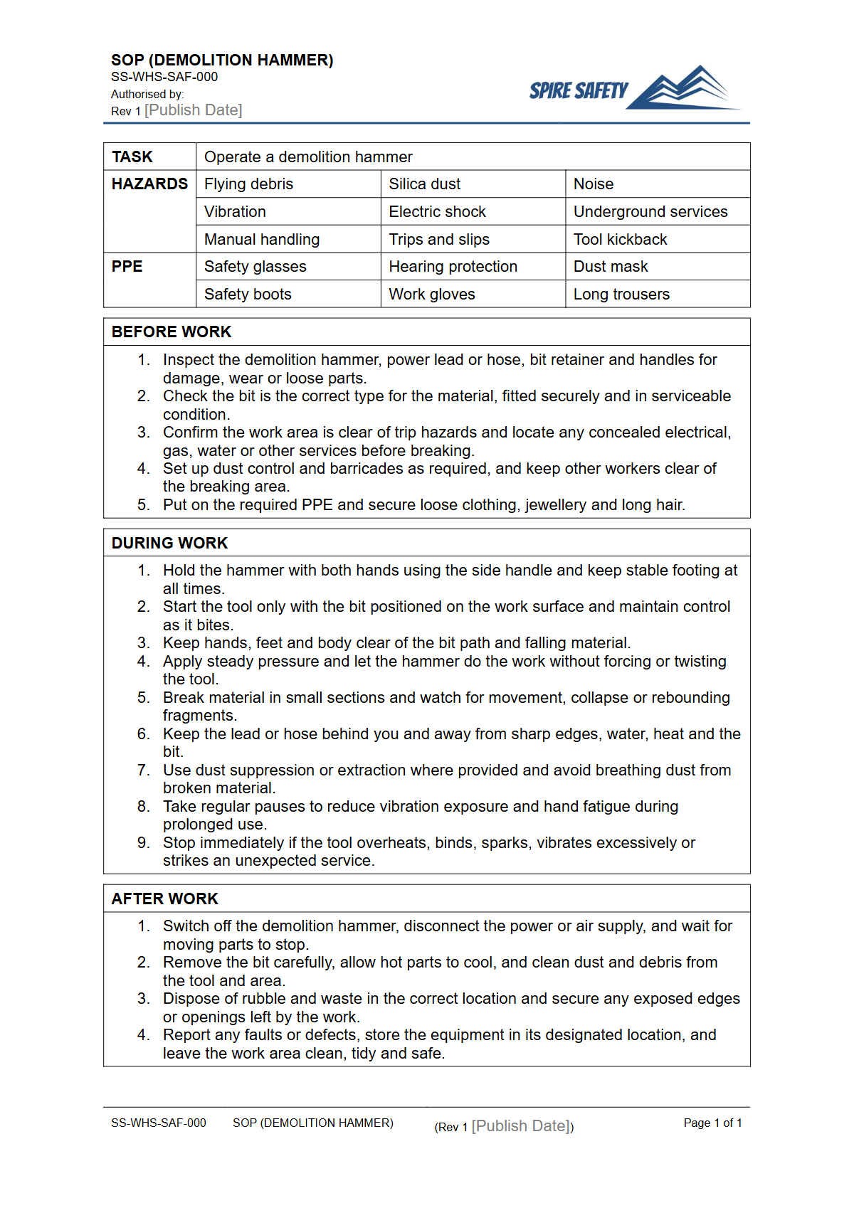 Free Safe Operating Procedure (Demolition Hammer) Template — document preview
