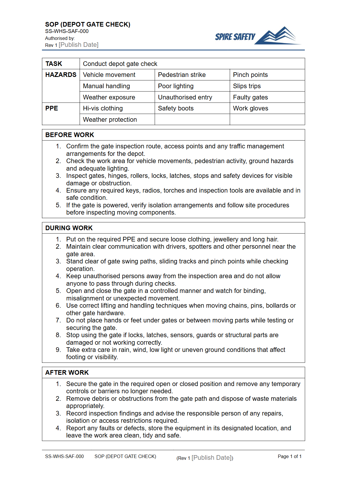 Free Safe Operating Procedure (Depot Gate Check) Template — document preview