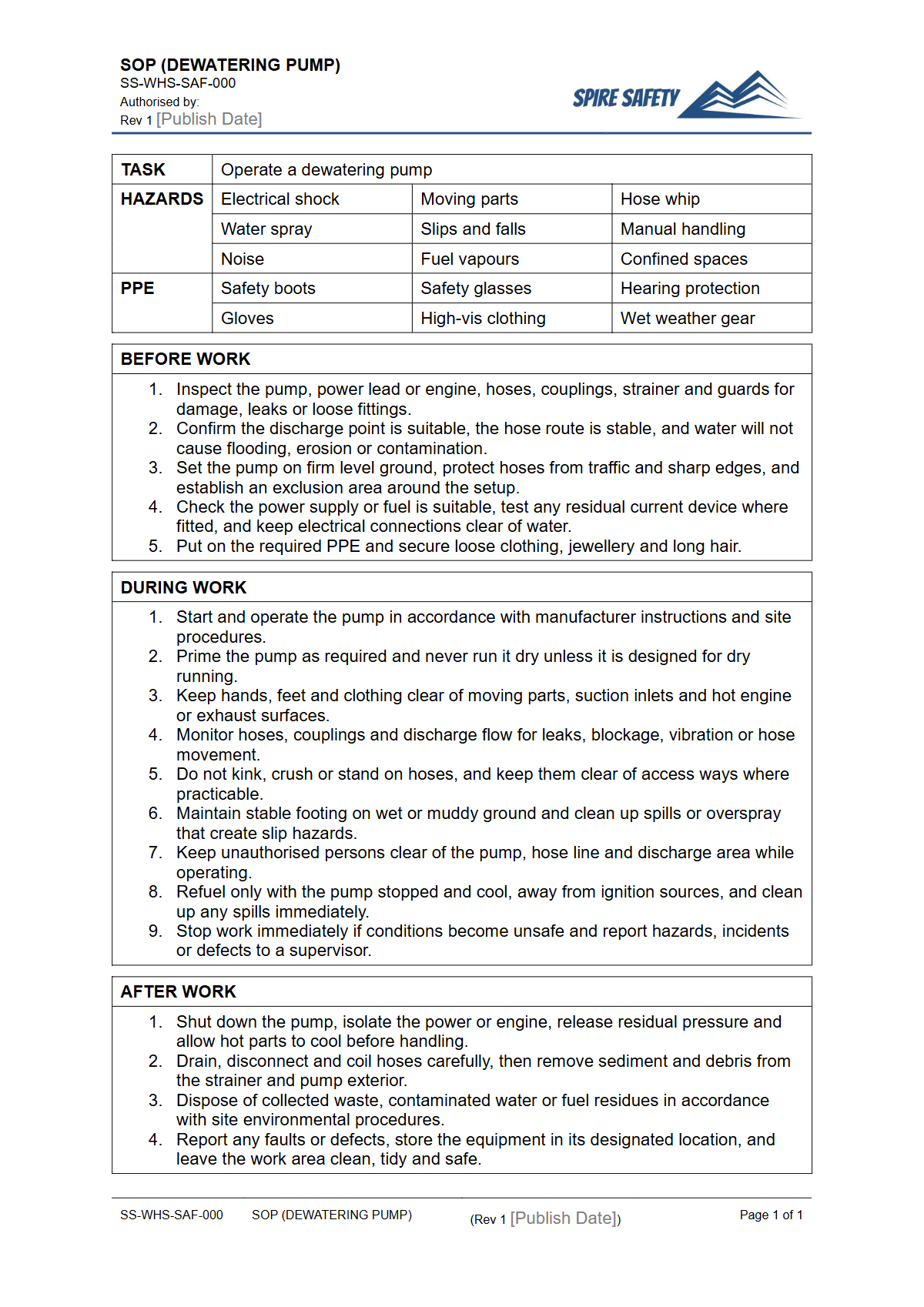 Free Safe Operating Procedure (Dewatering Pump) Template — document preview