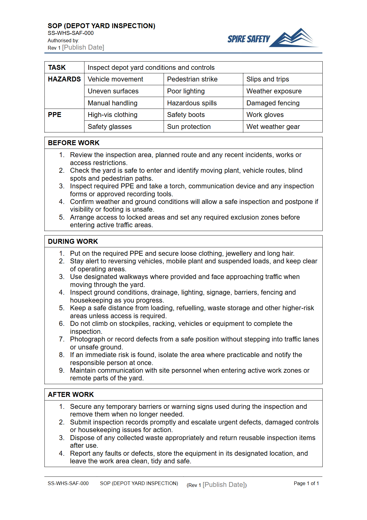 Free Safe Operating Procedure (Depot Yard Inspection) Template — document preview