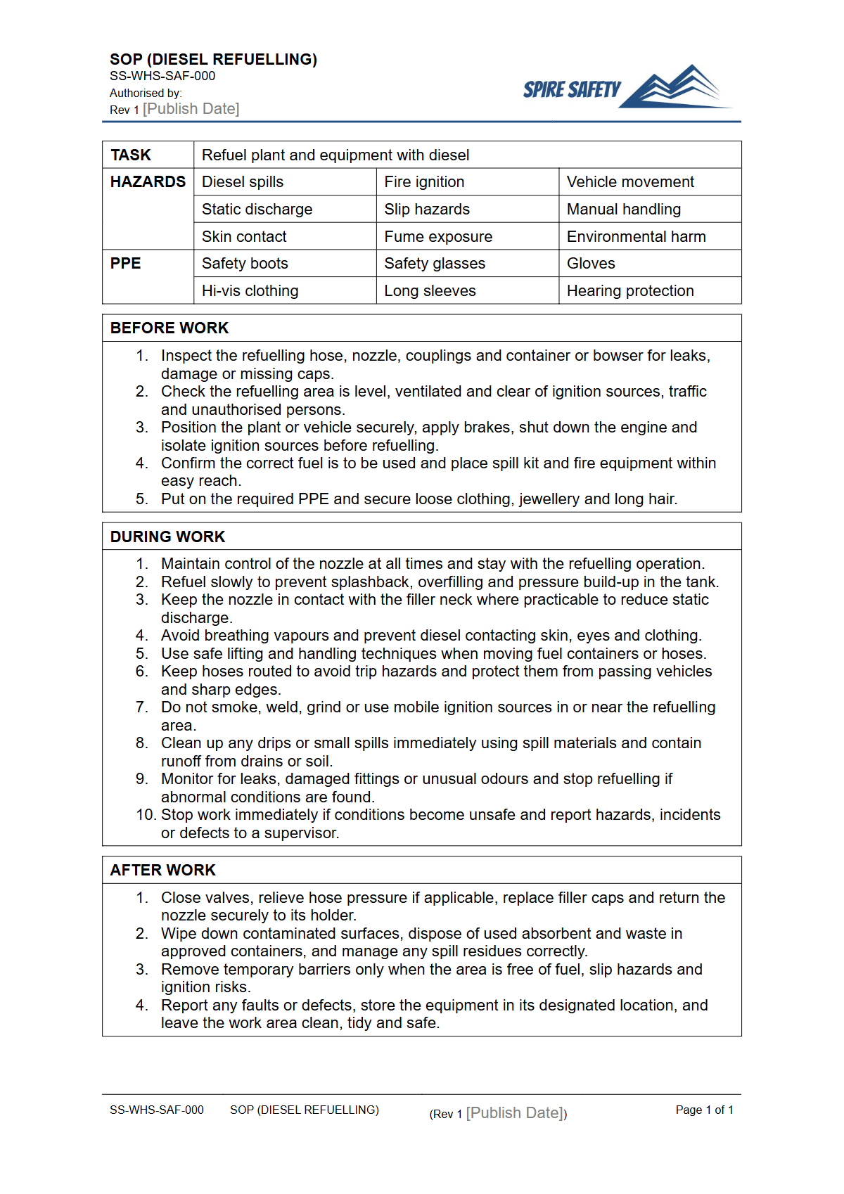 Free Safe Operating Procedure (Diesel Refuelling) Template — document preview